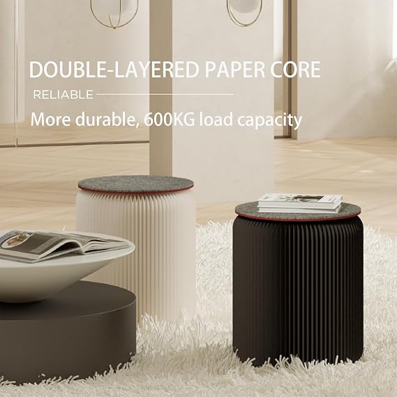 Modern Foldable Paper Stool Portable Folding Kraft Paper Stool Round Side table for Living Room White 32×30cm/12.60×11.81in