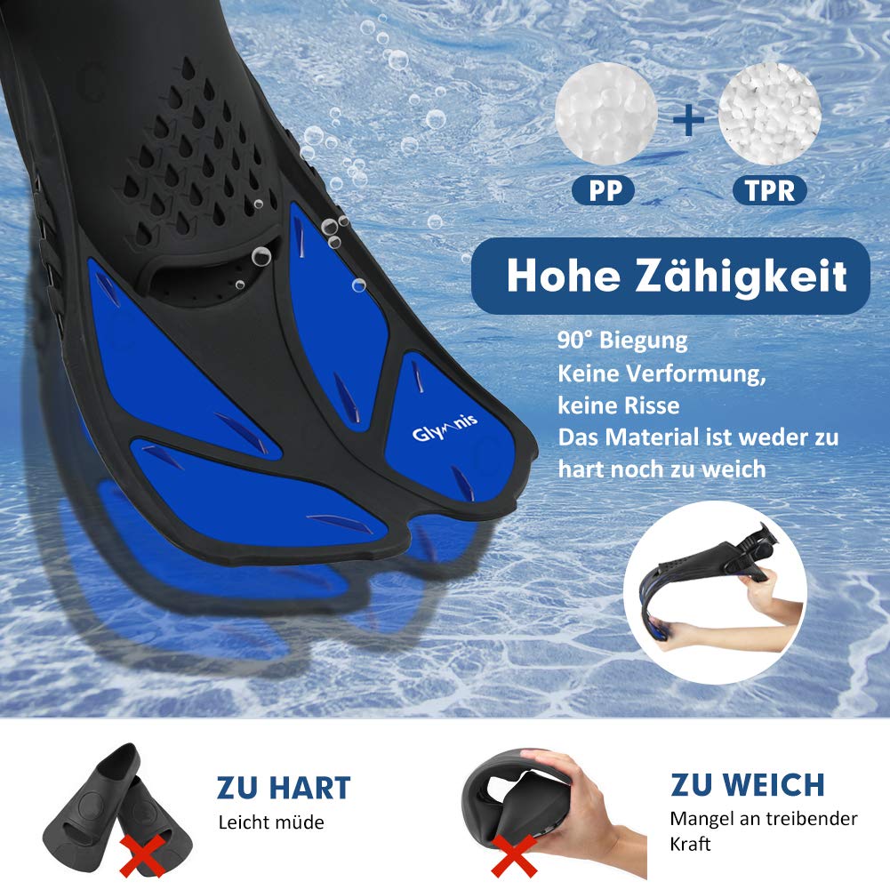 Glymnis Płetwy do nurkowania z rurką, regulowane płetwy do pływania dla dorosłych i dzieci, krótkie płetwy do nurkowania, pływania i snorkelingu