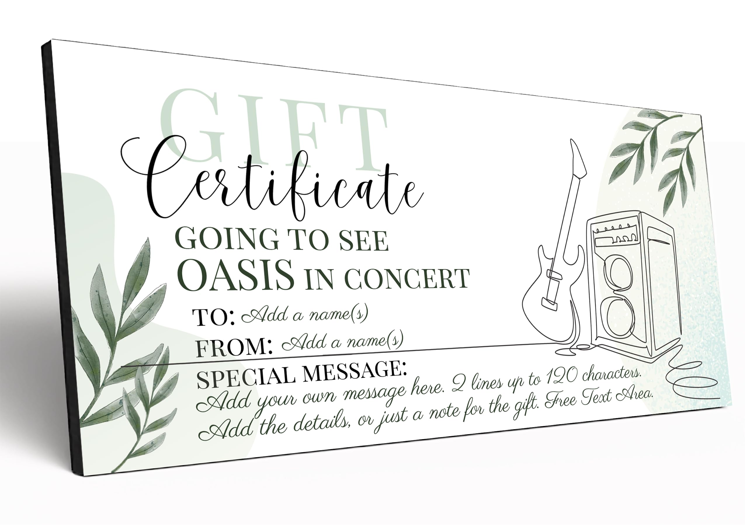The Plum Penguin Customisable Gift Certificate 6mm MDF Personalised Gift Voucher Experience Event Gift Elegant Botanical Design (Rock Concert)