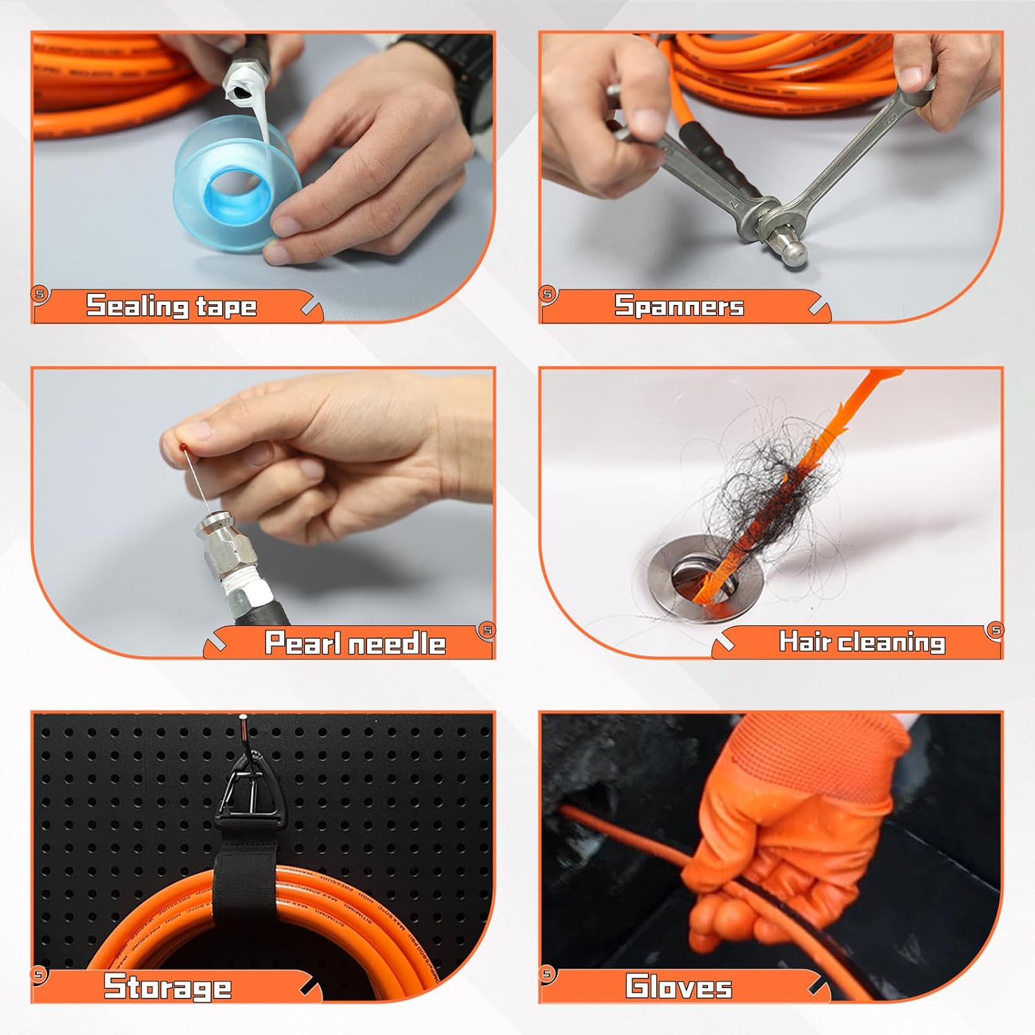 Sewer Jetter Kit for Pressure Washer 50FT,5800psi Drain Cleaner Hose 1/4 Inch Npt Corner, with 5 Sewer Jetting Nozzles Sealing Tape Pearl Corsage Pin Spanner Glove Drain Snake - Image 6