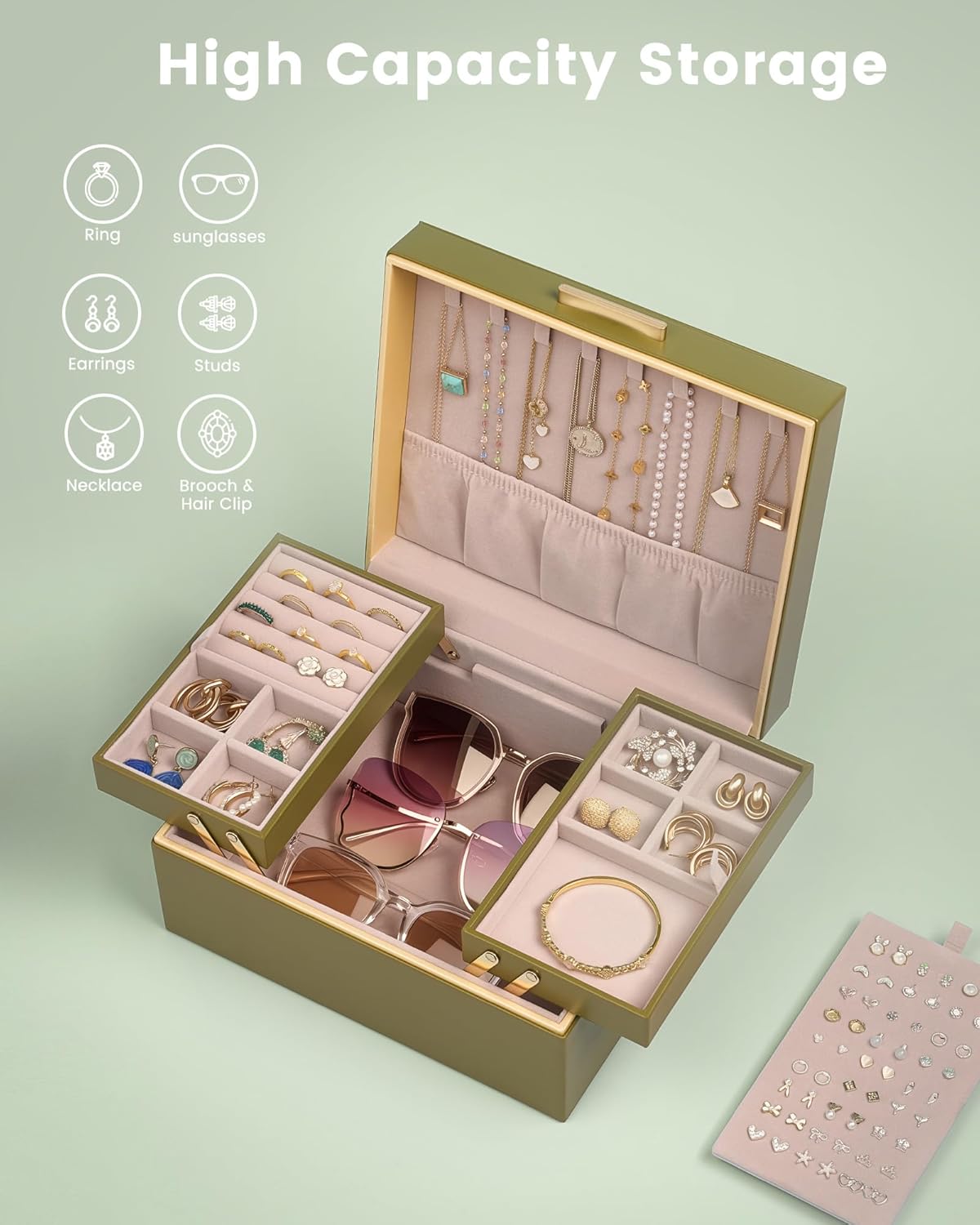 Lolalet Jewelry Box Organizer for Women Girls, 2 Layer Jewelry Organizers and Storage for Necklace Earrings Rings Bracelets, Large Jewellery Holder Case Birthday Valentine Gifts -Olive Green