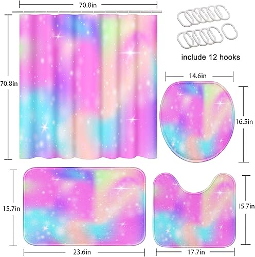 Miniatura 5 de Juegos de baño de unicornio arcoíris con cortina de ducha y alfombras y accesorios, juego de cortinas de ducha de acuarela de princesa del universo,