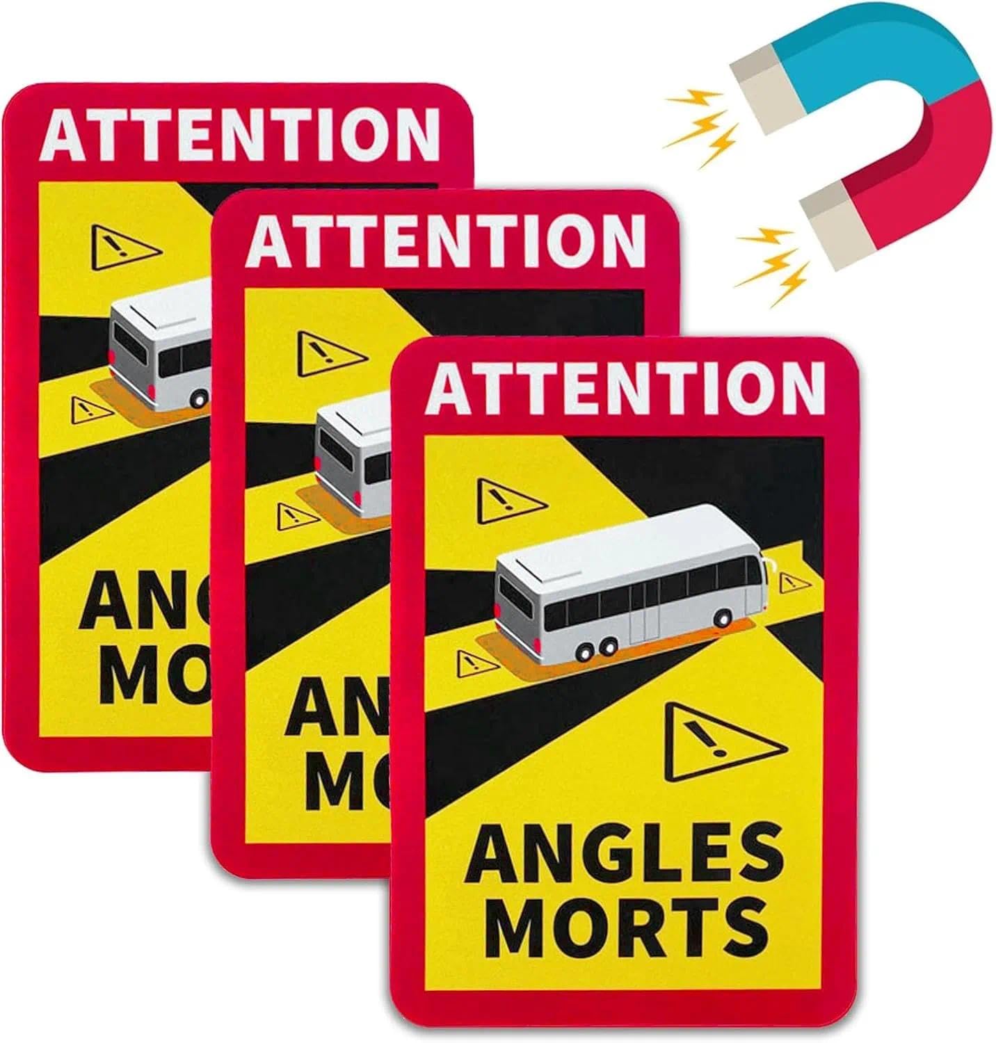 3Pcs Magnéticas Attention Angles Morts Adhesivos 25 x 17 cm Señal ángulos Muertos Homologado Pegatina Cartel de Advertencia para Francia, con protección UV, para Camiones y Caravanas