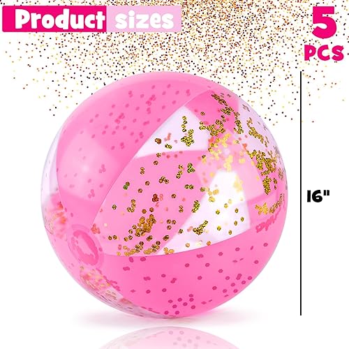 Miniatura 2 de AMOR PRESENT 5 bolas de playa rosadas, bolas inflables de playa con purpurina de 16 pulgadas, bolas de fiesta para niños y niños pequeños, bolas de