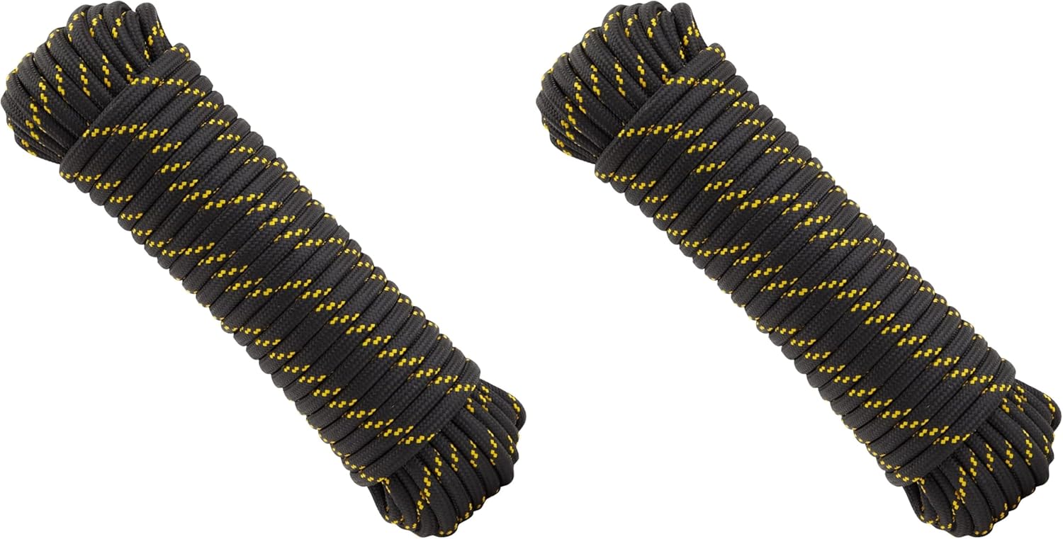 Built Industrial Diamond Braided Rope - 1/2 in x 100 ft, Black & Yellow - Polyester Heavy Duty Rope for Camping, Outdoor Gear & Emergency Tent Setup (Pack of 2)