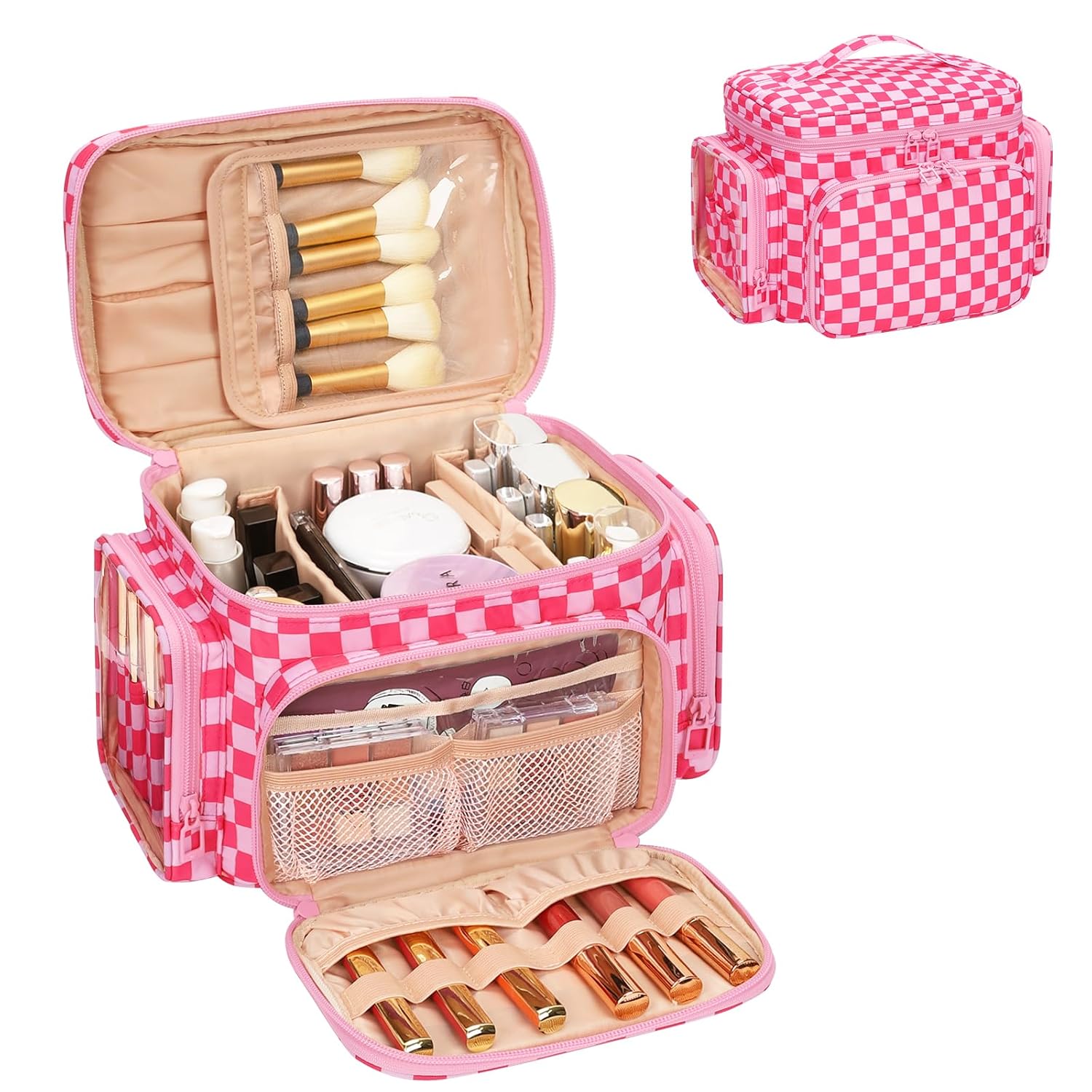 Large Checkered Makeup Bag, Travel Makeup Bag Organizer for Women Girls with Makeup Brush Compartment & Two Side Pockets, Cosmetic Travel Bag Vertical Storage Toiletry Bag- Hotpink 05-Hotpink Checkerboard