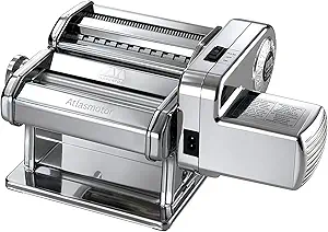 MARCATO Made in Italy Atlasmotor 110V Electric Pasta Machine, Chrome Steel. Set includes Atlas 150, handcrank, clamp, Pastadrive motor, and instruction manual