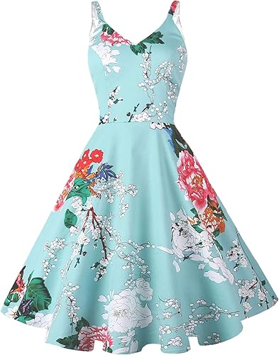 GOOBGS Women's 1950s Retro Vintage Spaghetti Strap Cocktail Swing Dresses with Pockets