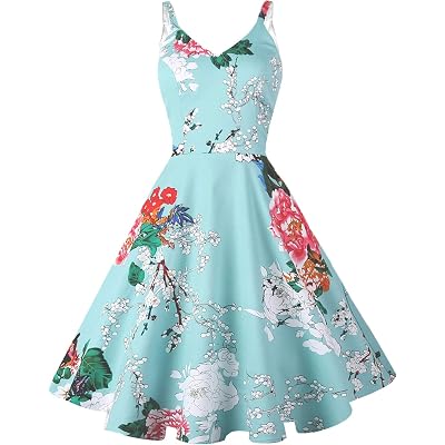 GOOBGS Women's 1950s Retro Vintage Spaghetti Strap Cocktail Swing Dresses with Pockets