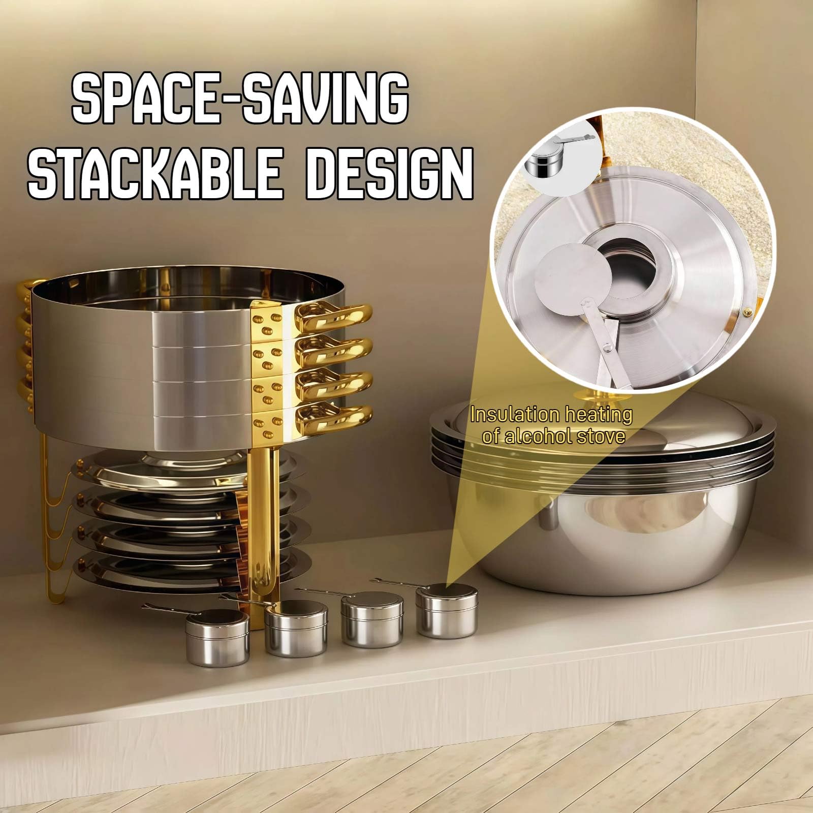 Set Chafing Dish Rotondi 4,5L, Scaldavivande Bagnomaria Acciaio Inox, Contenitore Scaldavivande per Buffet, Chafing Dish per Zuppe, per Ristoranti Catering Feste Matrimoni