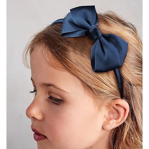 Miniatura 3 de DEEKA 2 diademas de lazo azul marino de 4 pulgadas, lazos para el pelo de cinta de grogrén para niños pequeños, accesorios para niñas pequeñas,