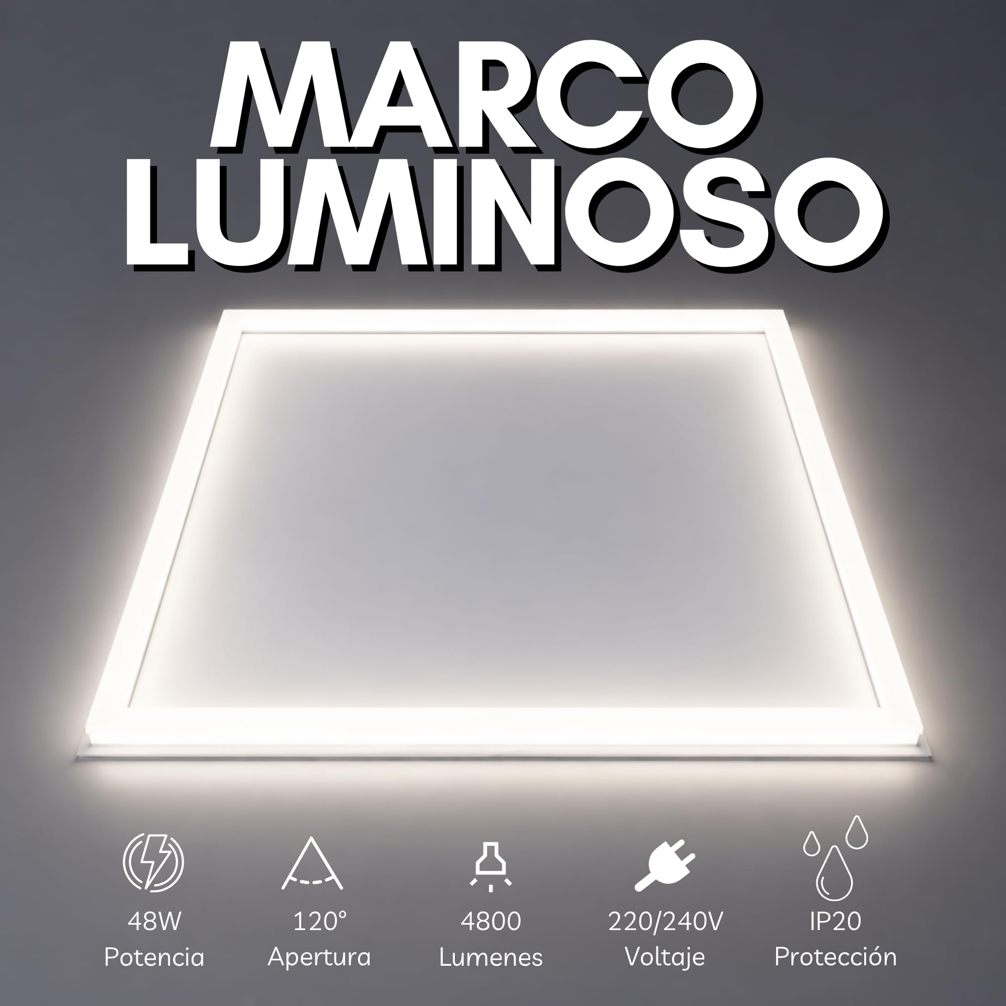 Panel Marco luminoso LED 60x60 48W Desmontable para techo técnico de placas. Iluminación eficiente para oficinas y comercios. Luz Neutra (4000ºK) - Garantía Europea 3 años