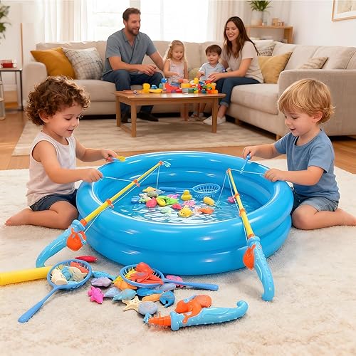 Miniatura 7 de Juego de pesca magnético, juguetes de piscina para niños, mesa de agua, tina, juguete de pesca con piscina inflable, piscina de agua juguetes al