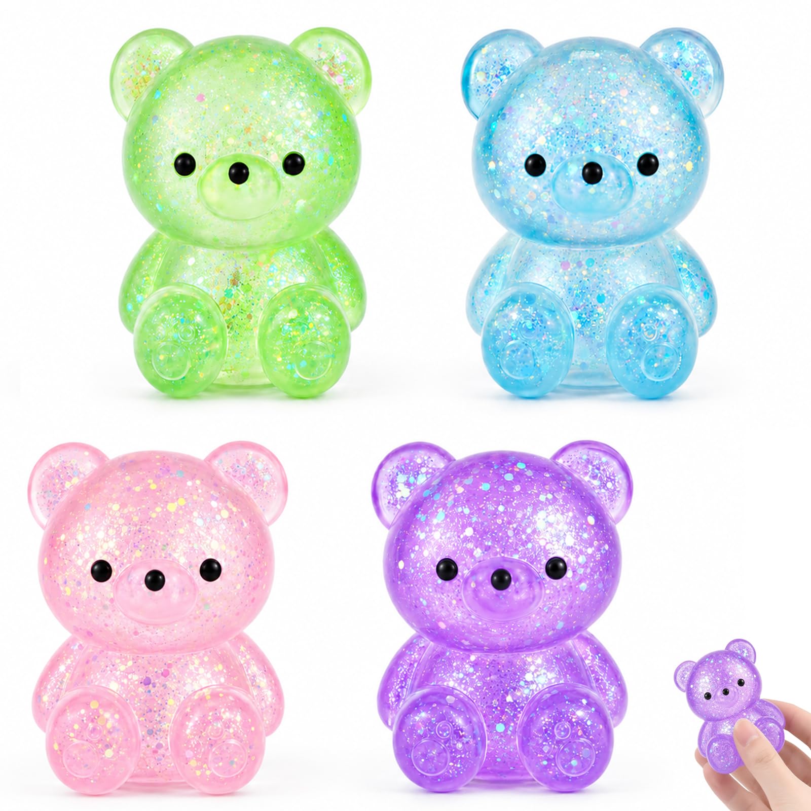 4 PCS Little Bear Squishy Toys Set, Squishy Fidget Toys, Glitter Bear Stress Relief Toy, Sensory Toys Relaxation And Stress Relief For Anxiety Relief, Office Birthday Gifts