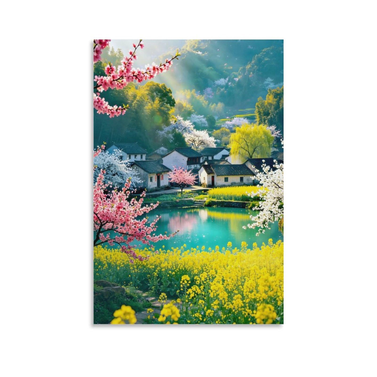 IEJKLUVWX Spring Countryside Art Print Rural Dwellings Waterproof Canvas Easy to Install Vibrant Colours for Above Bed Living Room Housewarming Gift Original 20x30inch(50x75cm)