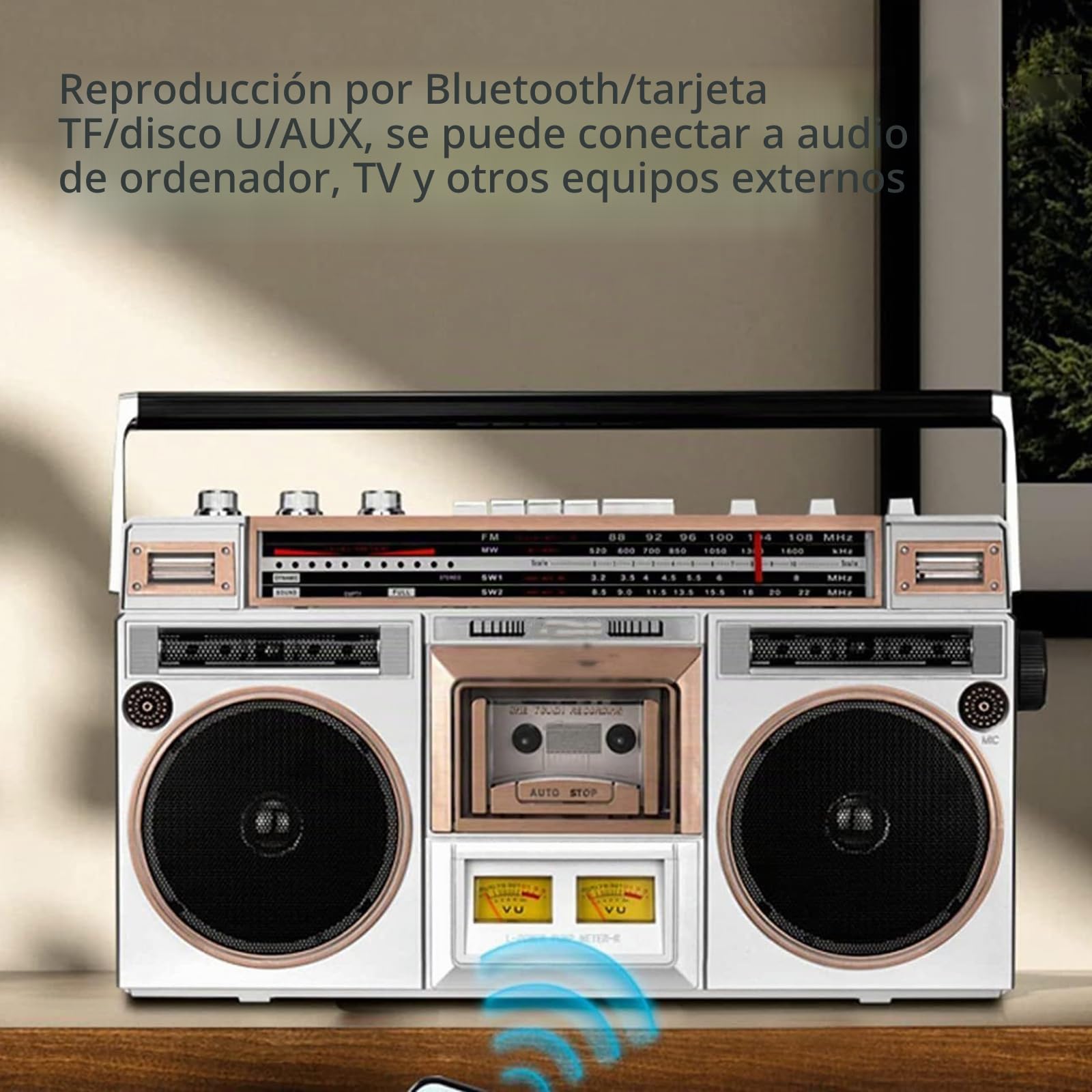 Reproductor de CD estilo retro clásico de los años 80, casete portátil/radio, 10 m de transmisión, compatible SD/USB, 2 altavoces, para reuniones
