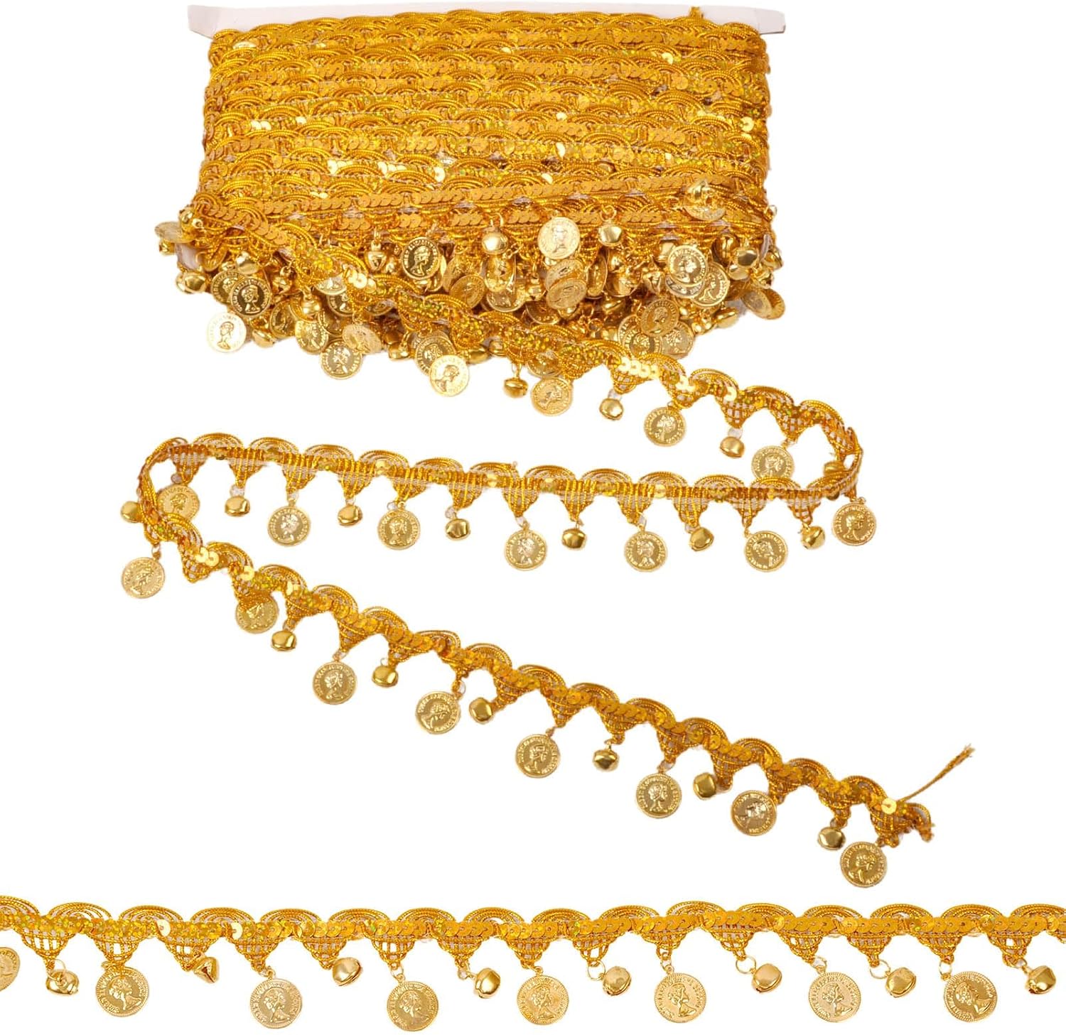 15 Yards Gold Coin Shape Sequin Tassel Trim, Women's Sequin Tassel Belly Trim Coins Belly Dance Hip Scarf Belt Trim Dance Tassel Sequins Tassel Fringe Trim National Dance Costume Accessory (Gold)