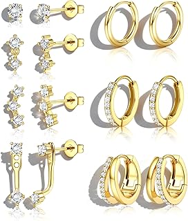 BESTEEL 7Pairs Hypoallergenic Gold Earrings for Women Trendy Small Stud Huggie Hoop Earing Stacks