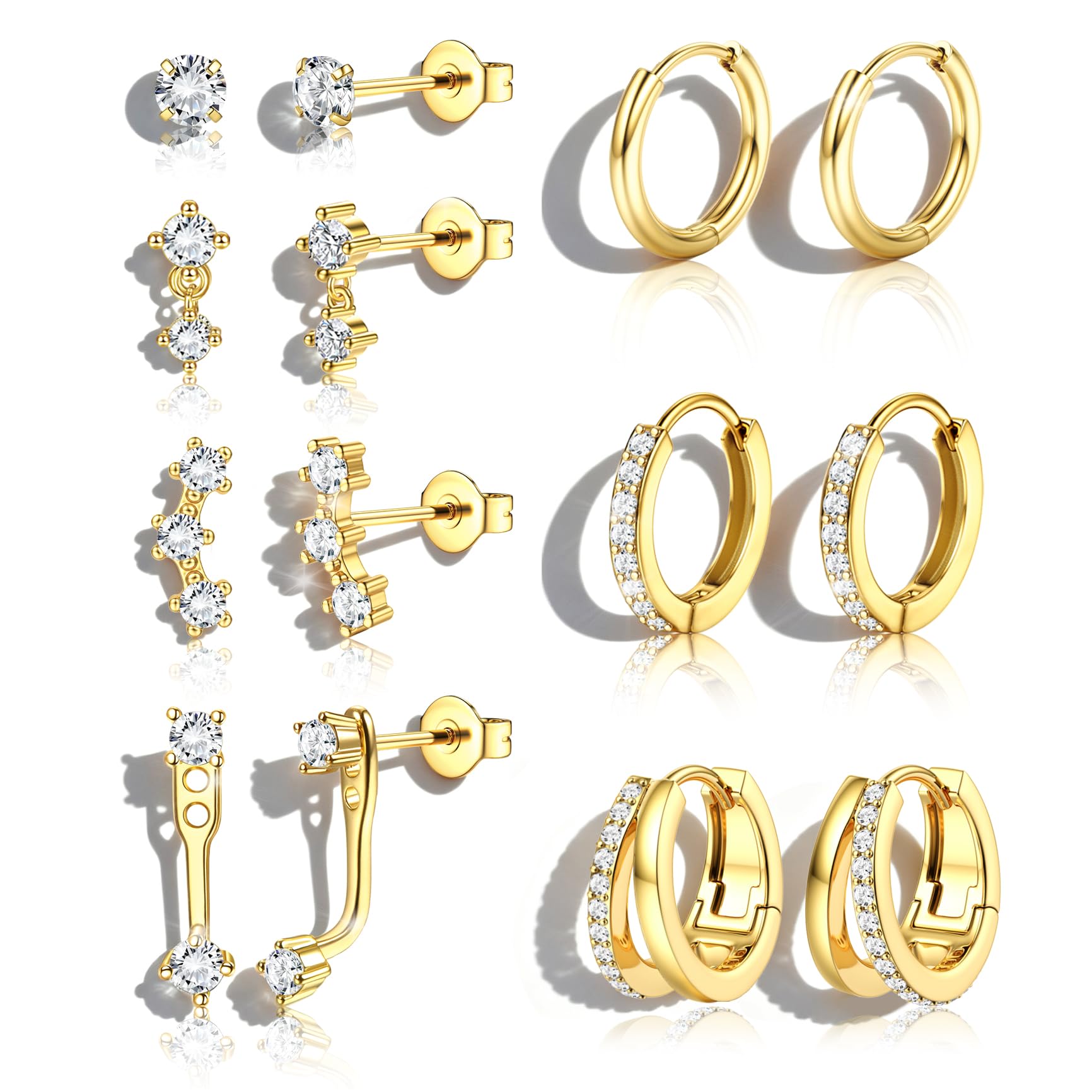 7Pairs Hypoallergenic Gold Earrings for Women Trendy Small Stud Huggie Hoop Earing Stacks Set Cute Cartilage Helix Jewelry for Sensitive Ears Silver Dainty Gift