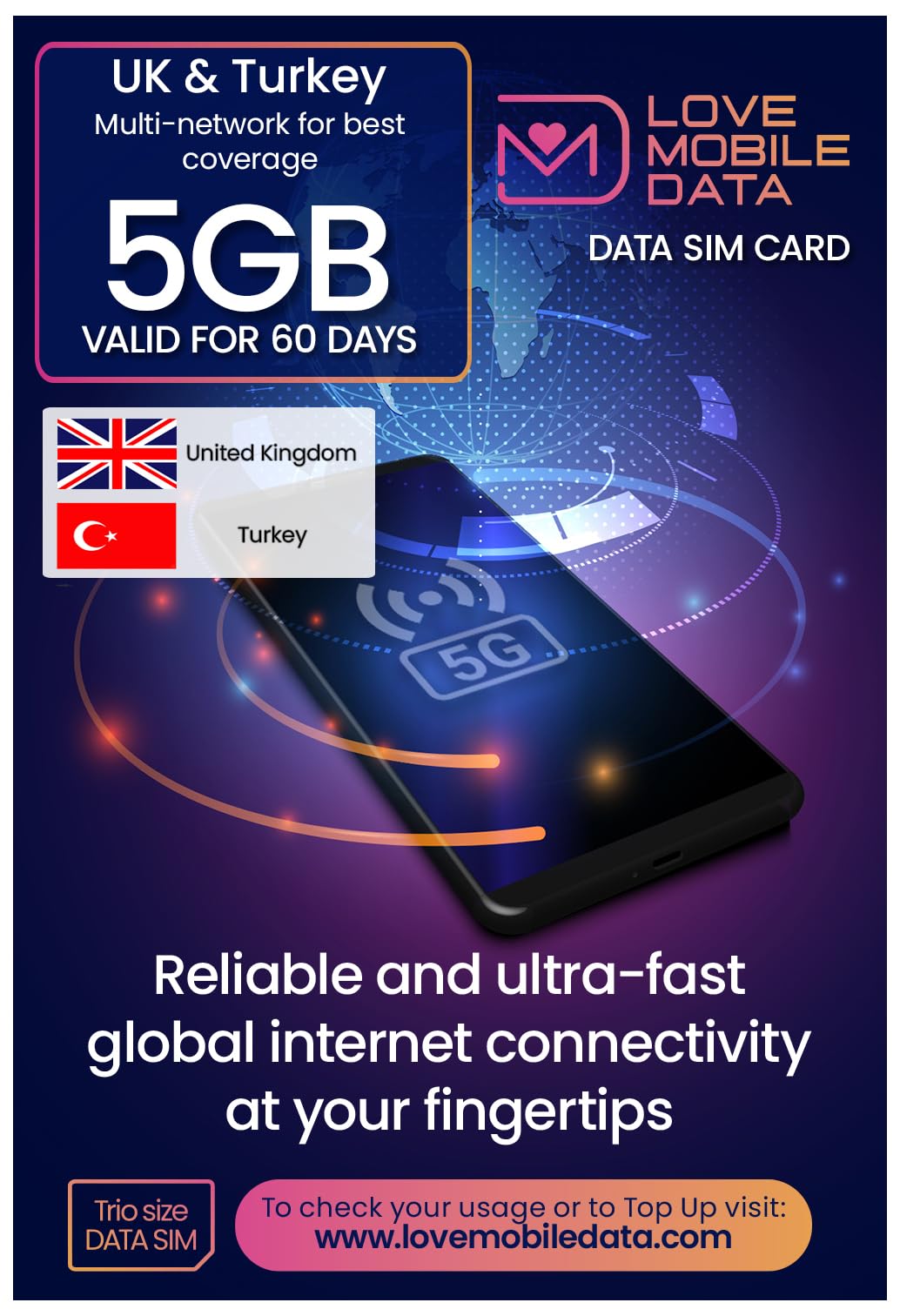 Love Mobile Data Only Sim Card - International Multi-Network 4G/5G Prepaid Pay As You Go Data Sim for Mobile Phones, WiFi Routers, & More, UK & Turkey Coverage, 5GB for 60 Days