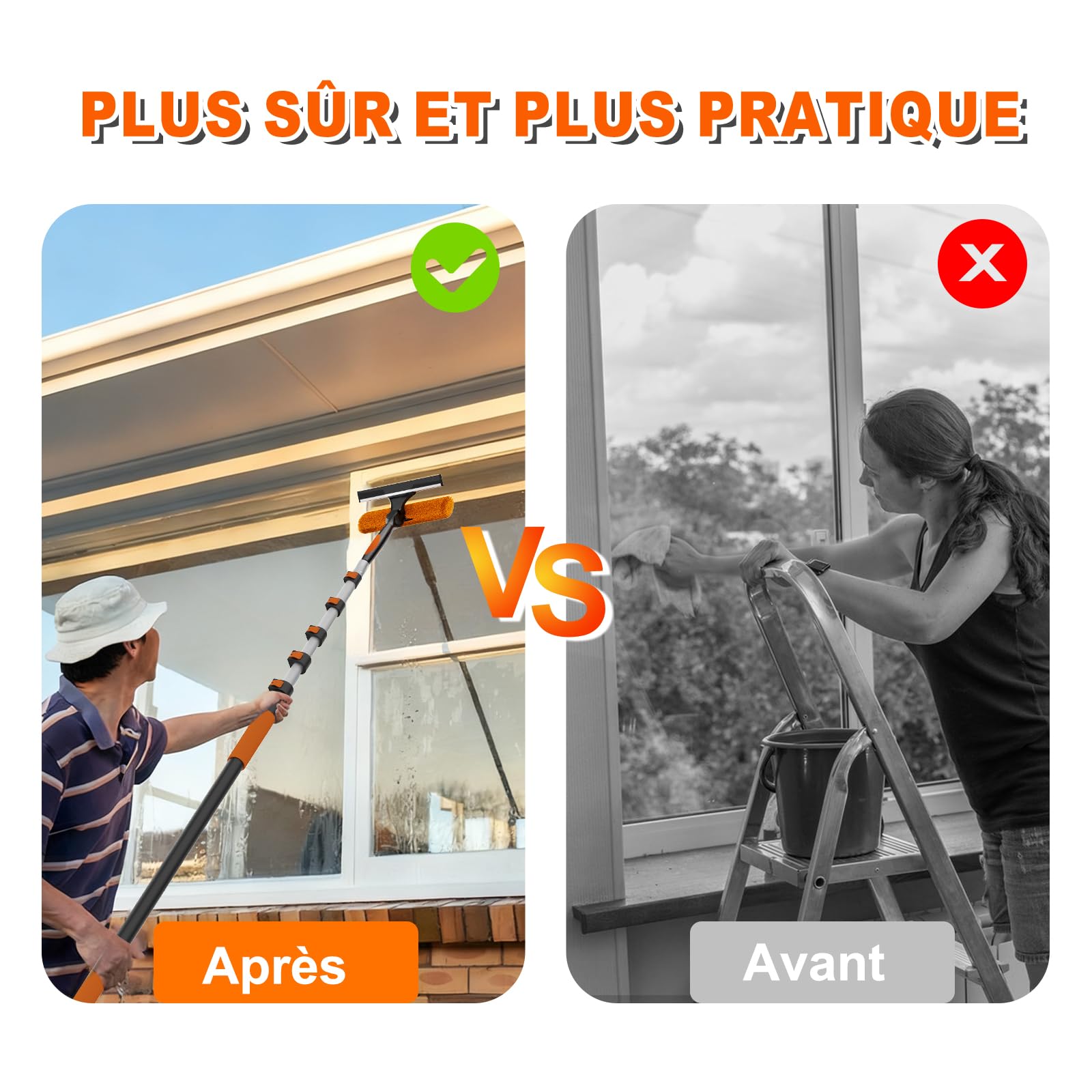 SISUPASSIE 7,2m Plumeau Poussiere Telescopique avec Perche Télescopique, Plumeau Microfibre, 2-en-1 Raclette Vitre Professionnel, Utilisation intérieure et extérieure