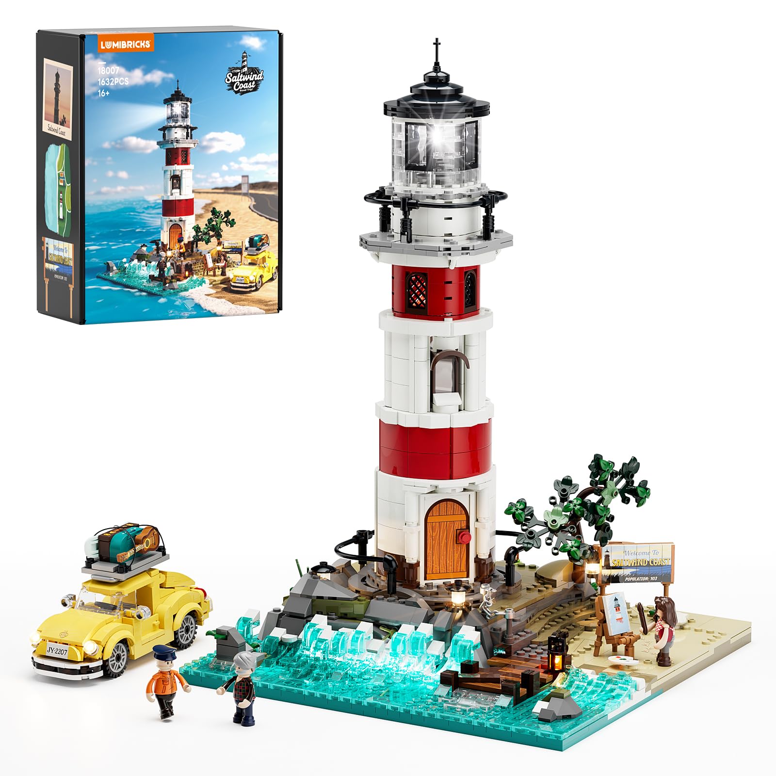 City Sunrise Lighthouse Lighting-Building-Bricks-Set - 1632 Pcs Road Trip Lighthouse Modular Collection LED Light Building Set for Adults and Travelling Enthusiasts