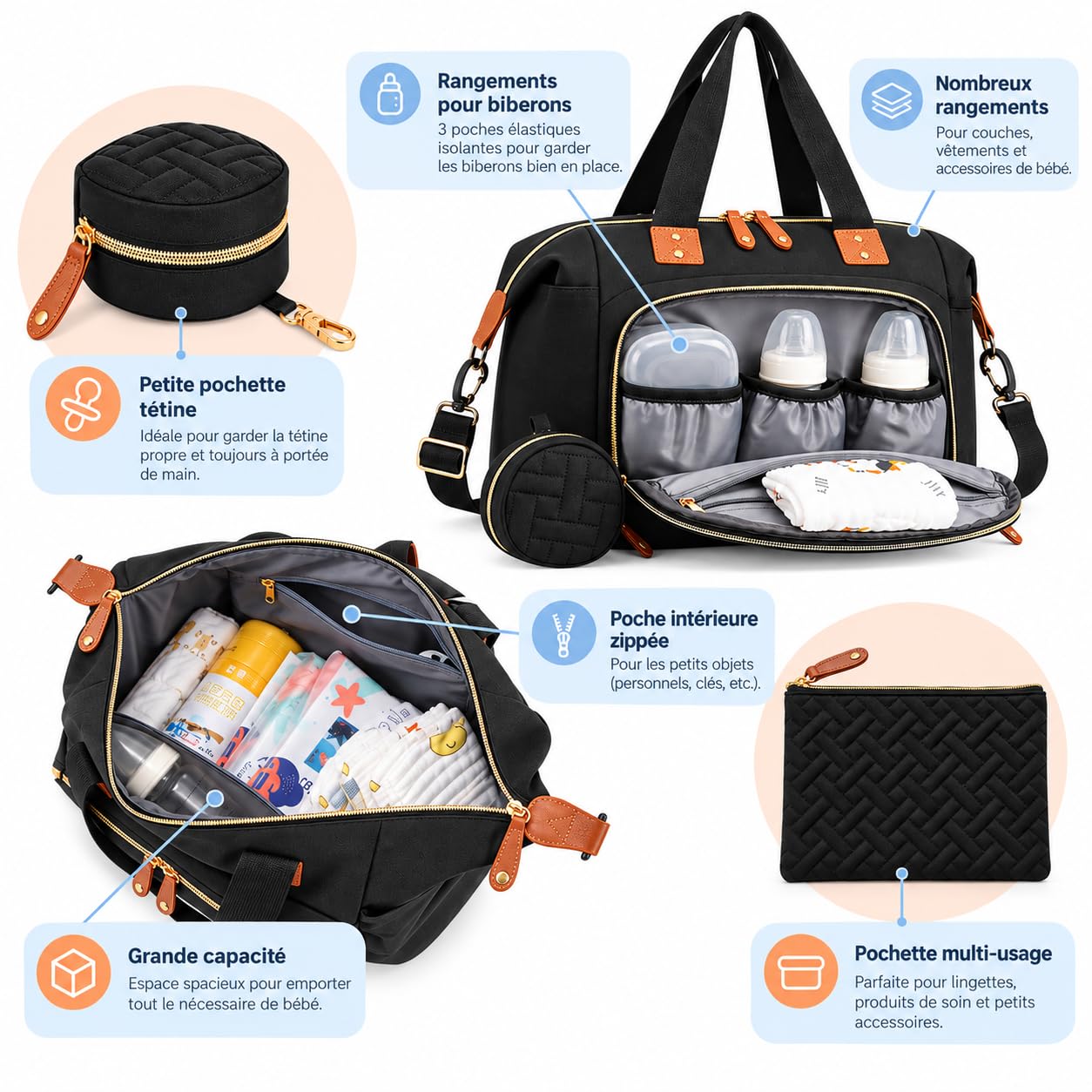 Borsa per pannolini per bambini, grande capacità, impermeabile, portatile, con spallacci per passeggino, nero, isolata