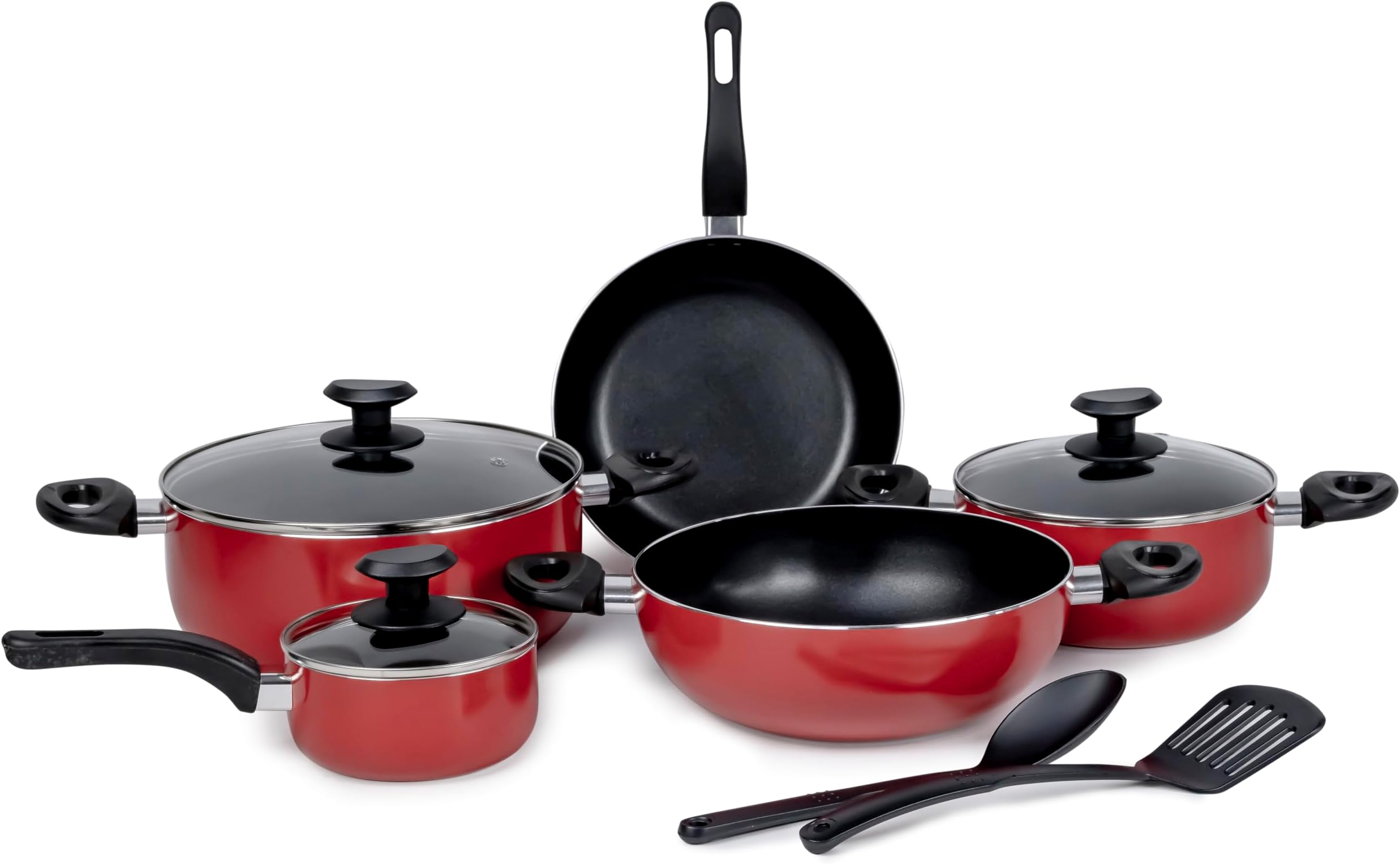 Wilson Presto 10 Piece Non-Stick Cookware set | Non Stick Aluminium | Casserole | Sauce Pan | Fry Pan |Solid Spoon | Turner | – Red
