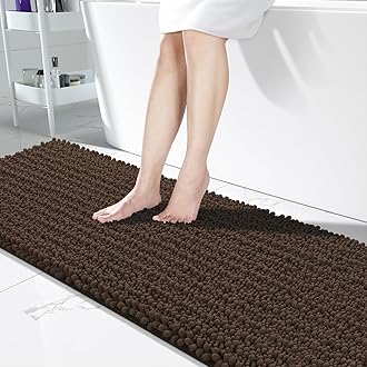 Yimobra Bathroom Runner Rug 70x24 Inch - Extra Long Non Slip Chenille Bath Mat, Soft & Absorbent, Machine Washable Shaggy Hallway Carpet for Vanity Tub Shower, Brown Home Decor Accessories