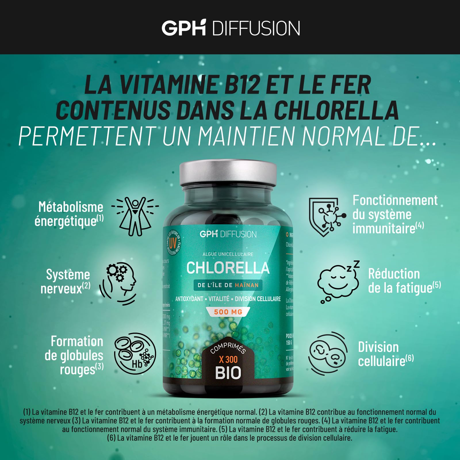Chlorella BIO | 6000 mg/jour | Antioxydant, Vitalité | Sans Additif | 500 Comprimés | GPH Diffusion