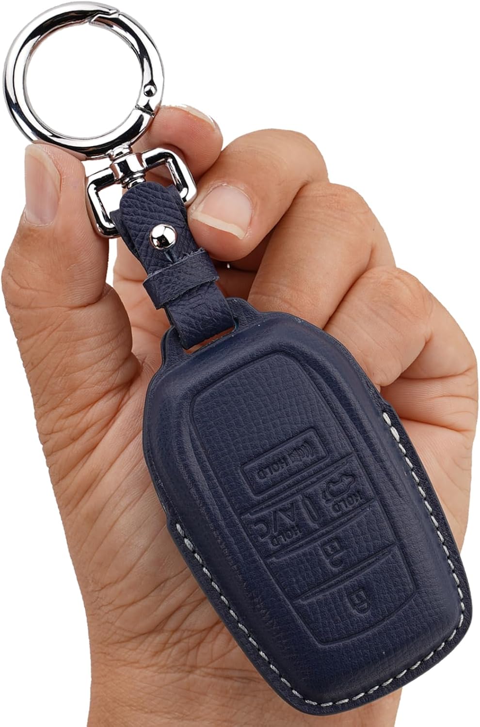 Genuine Leather Key Fob Cover Case Compatible with Toyota Sienna 2021-2024, Venza 2021-2024, RAV4 Prime 2021-2024, 5 Buttons Smart Remote Protector with A/C & Trunk Hold Buttons (Blue)