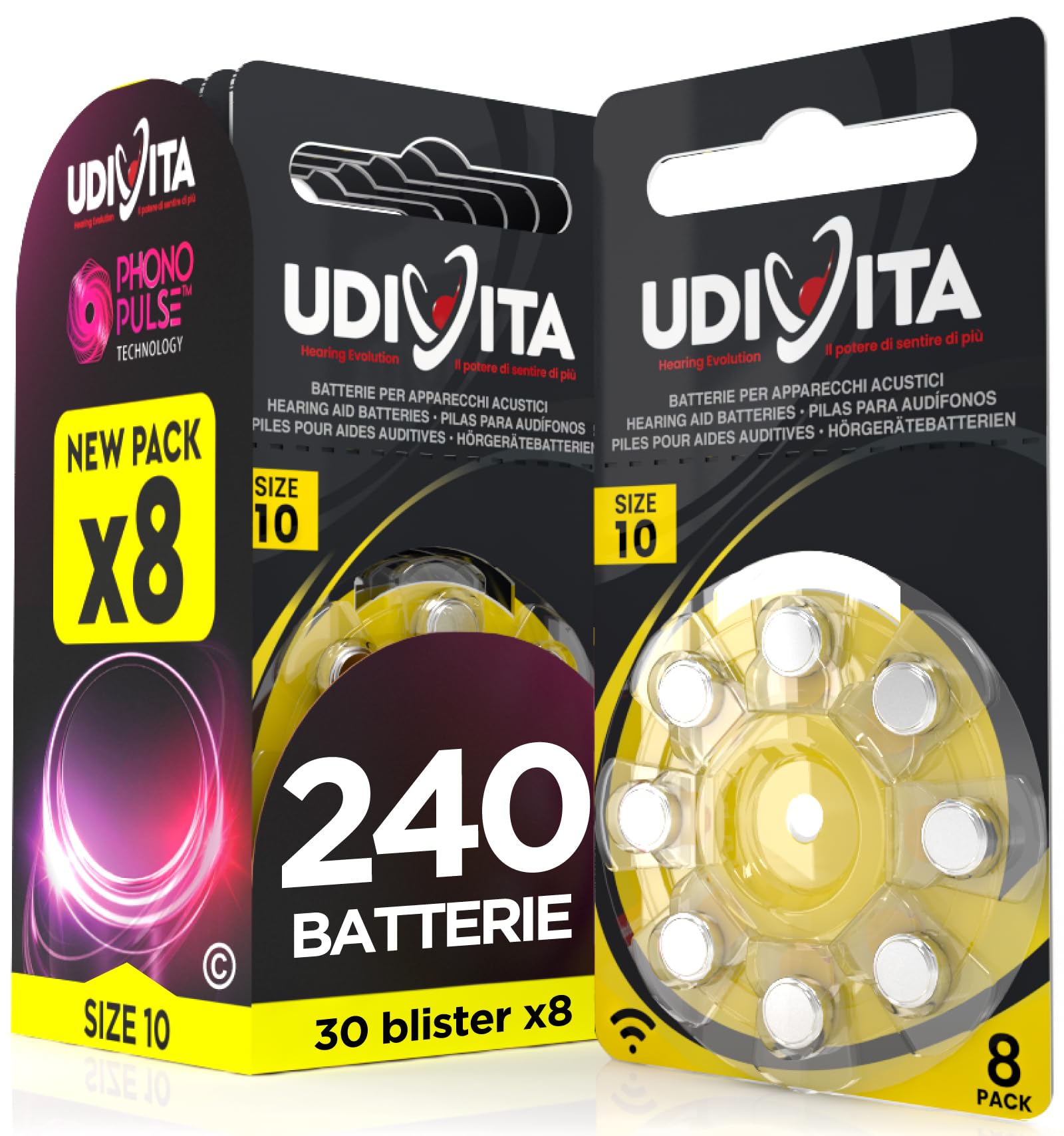 240 Batterie Per Apparecchi Acustici Auricolari Udivita PR70 Misura 10 (Gialle) Tecnologia Phono Pulse - 30 Blister da 8 Pile