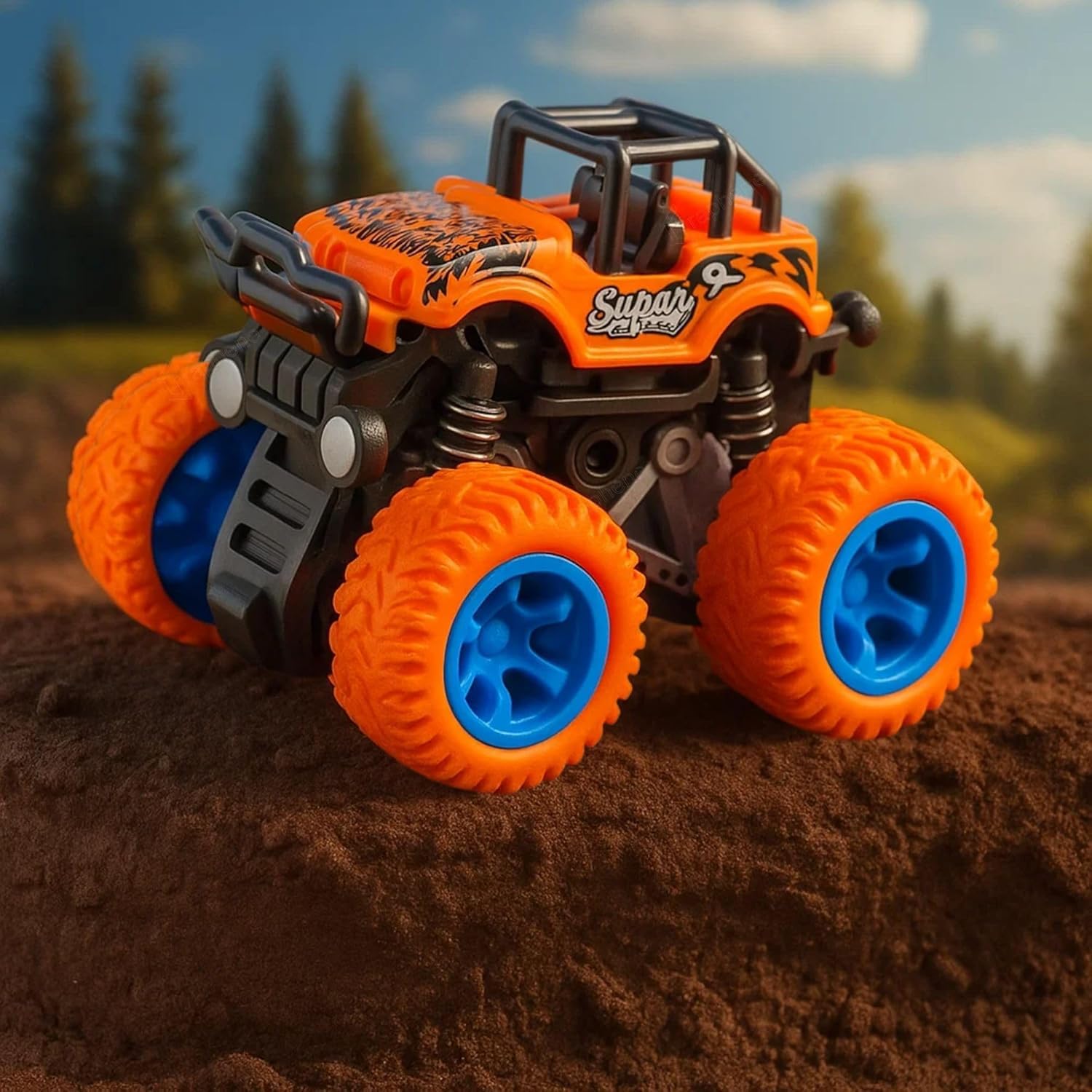 kidsferry 4WD Friction Powered Monster Truck Toy Push & Go Off-Road Car for Kids Amazing 360° Stunts All-Terrain Grip Vibrant Colors for Boys Girls Birthday Christmas Fun Play (Color May Vary)