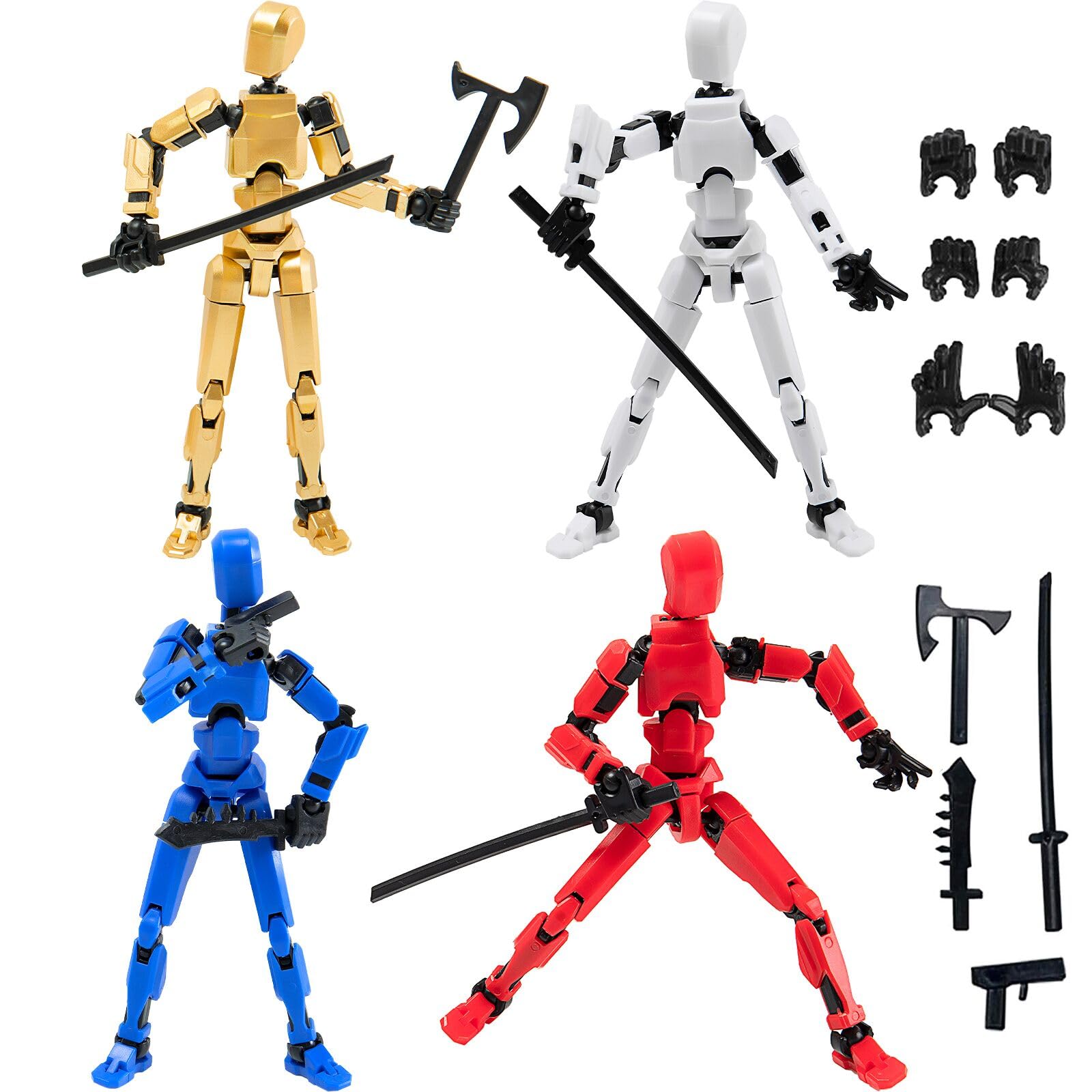 4PCS Assembled Titan T-13 Action Figures Set - Robot Action Figure Fidget Toys for Boys Lucky Dummy Nova N13 Anime Figures with Multi Movable Joints Toys for Kids (Golden+White+Blue+Red)
