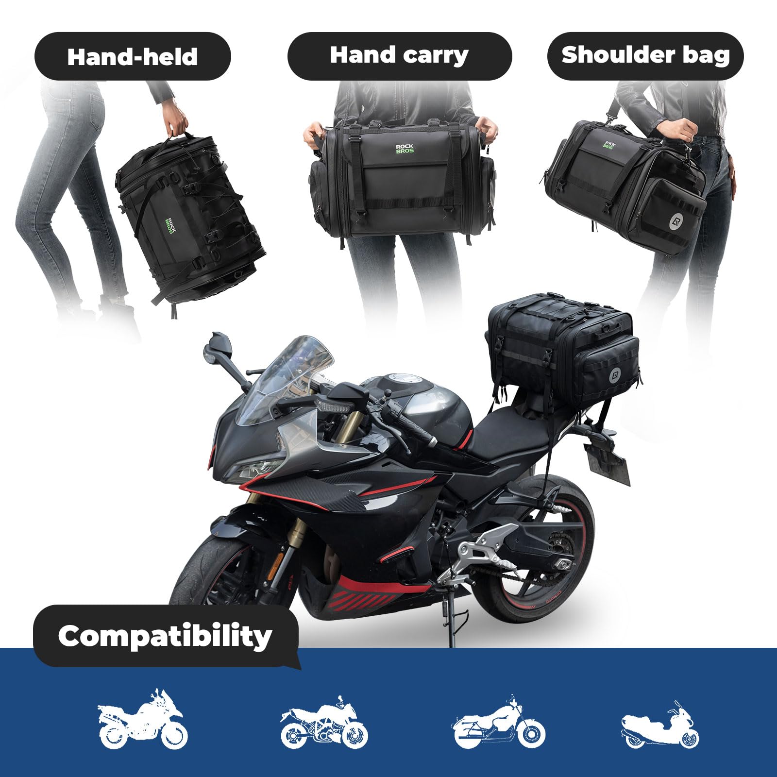 ROCKBROS Borsa Moto Posteriore, Borsa da Sella Moto Impermeabile, Grande Capacità Espandibile 43-50L, Bauletto Moto con Copertura Antipioggia in Regalo, Accessori da Moto e da Scooter