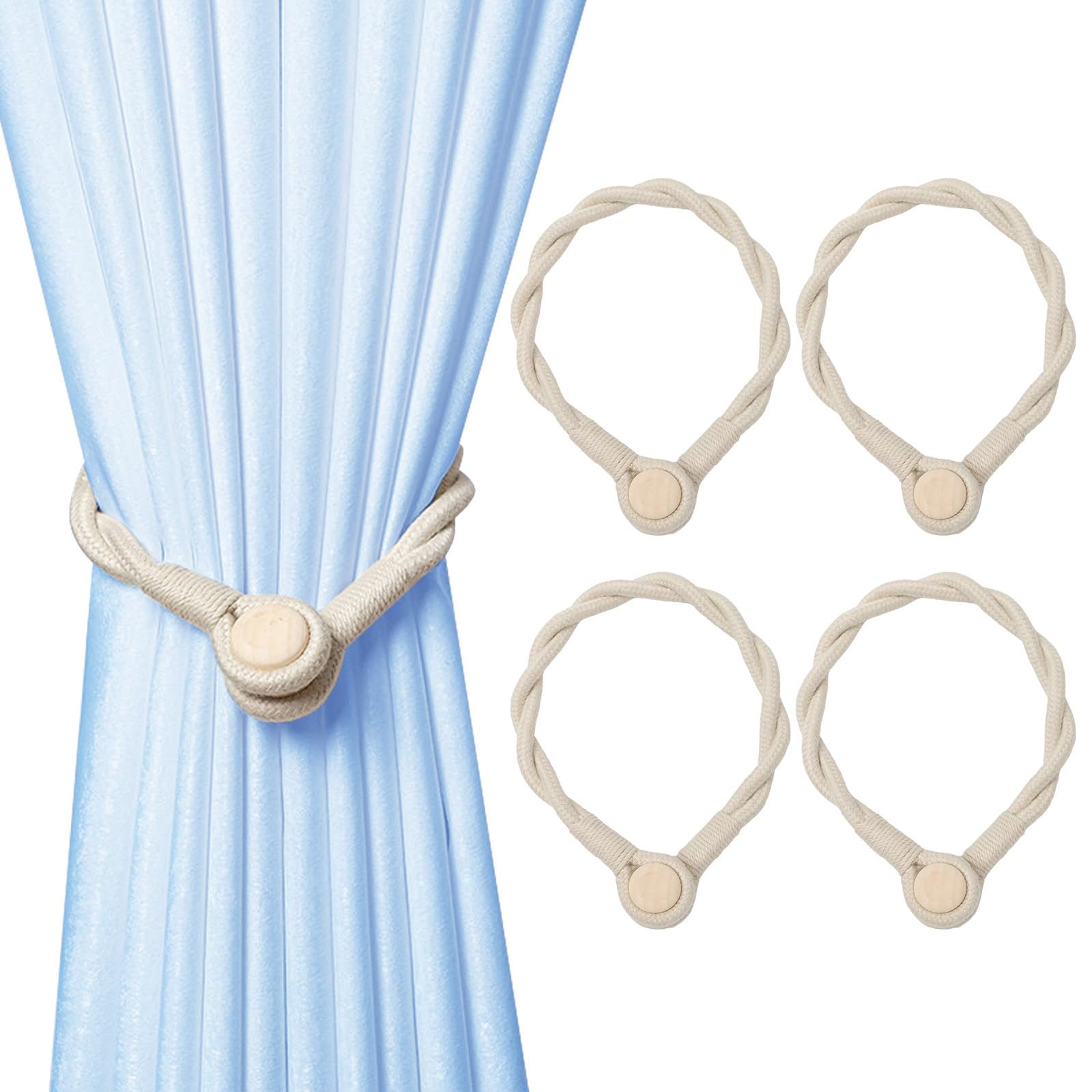 COGVOHY 4 Pack Magnetic Curtain Tie Backs, Modern Rope Curtain Tiebacks for Home & Office Window Drapery (Beige)