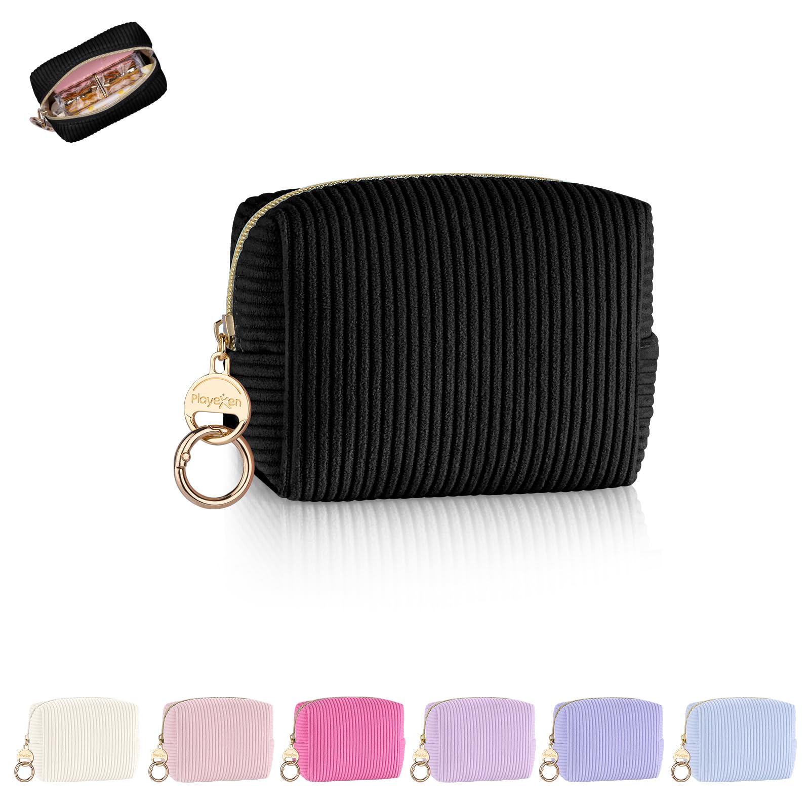 Mini Tasche Kleine Kosmetiktasche Schminktasche Damen Make up Tasche Reise Zubehör Verdickter Cord Kulturtasche mit Reißverschluss Kulturbetuel Organizer Geschenk Beste Freundin 11*5,5*8,5cm(Schwarz)