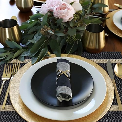 Miniatura 4 de FAVE Juego de 12 manteles individuales negros tejidos con hilo dorado de vinilo para bodas, banquetes, cumpleaños, fiestas, restaurantes (negro, 12