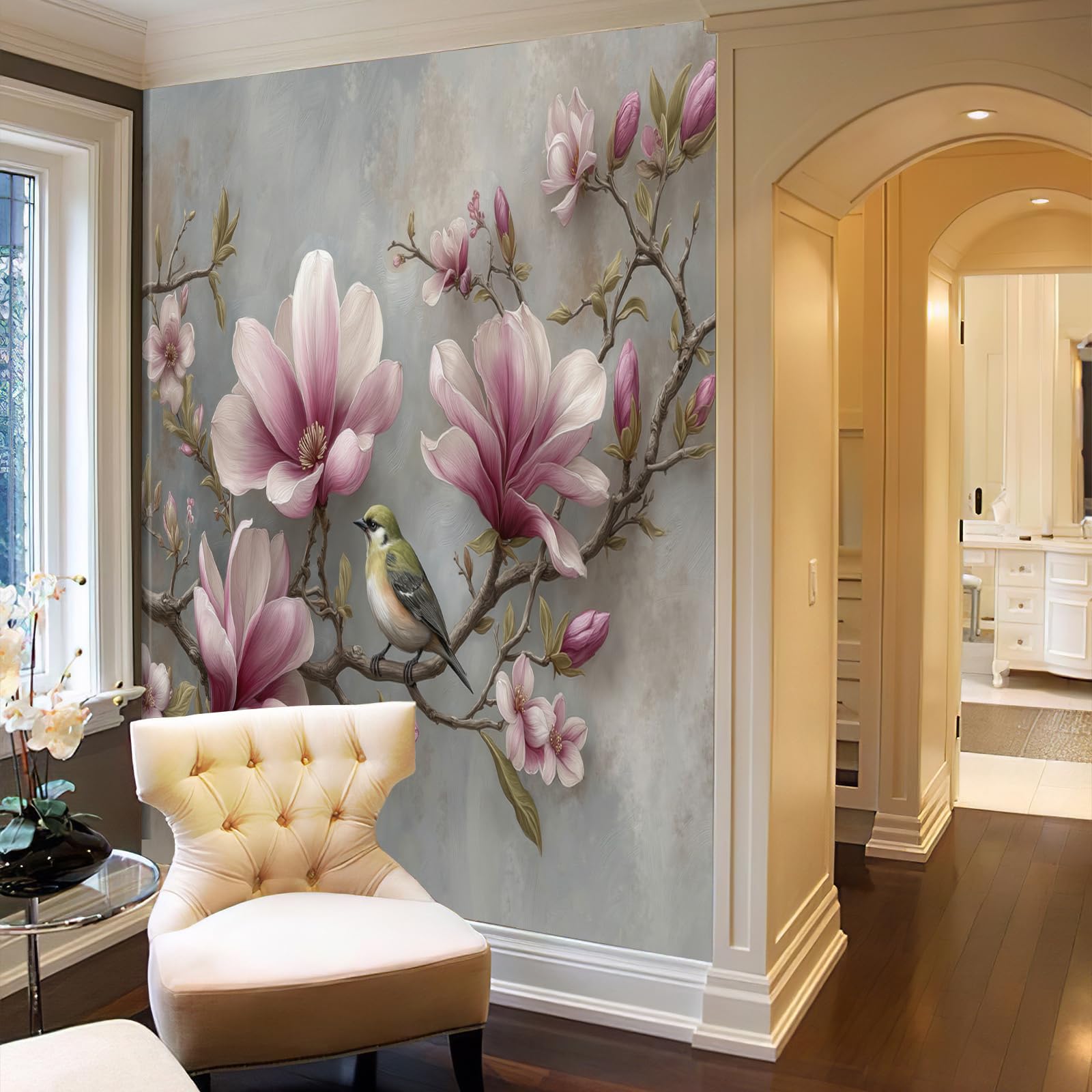 Art Papel Tapiz Fotográfico Flores Magnolia Rosa 3D Papel Pintado 300 × 210 cm Decoración De Pared Sala Cuarto Póster Mural Para Sala De Estar Dormitorio Decoración, Rubor En Polvo