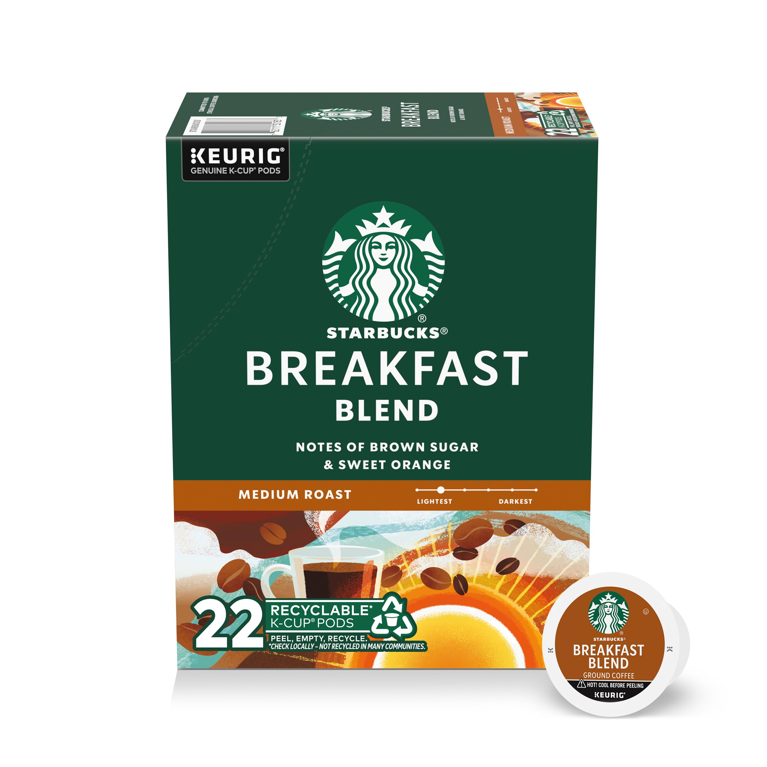 Starbucks K-Cup Coffee Pods, Medium Roast Hot or Iced Coffee, Breakfast Blend, 22 Keurig Pods ​