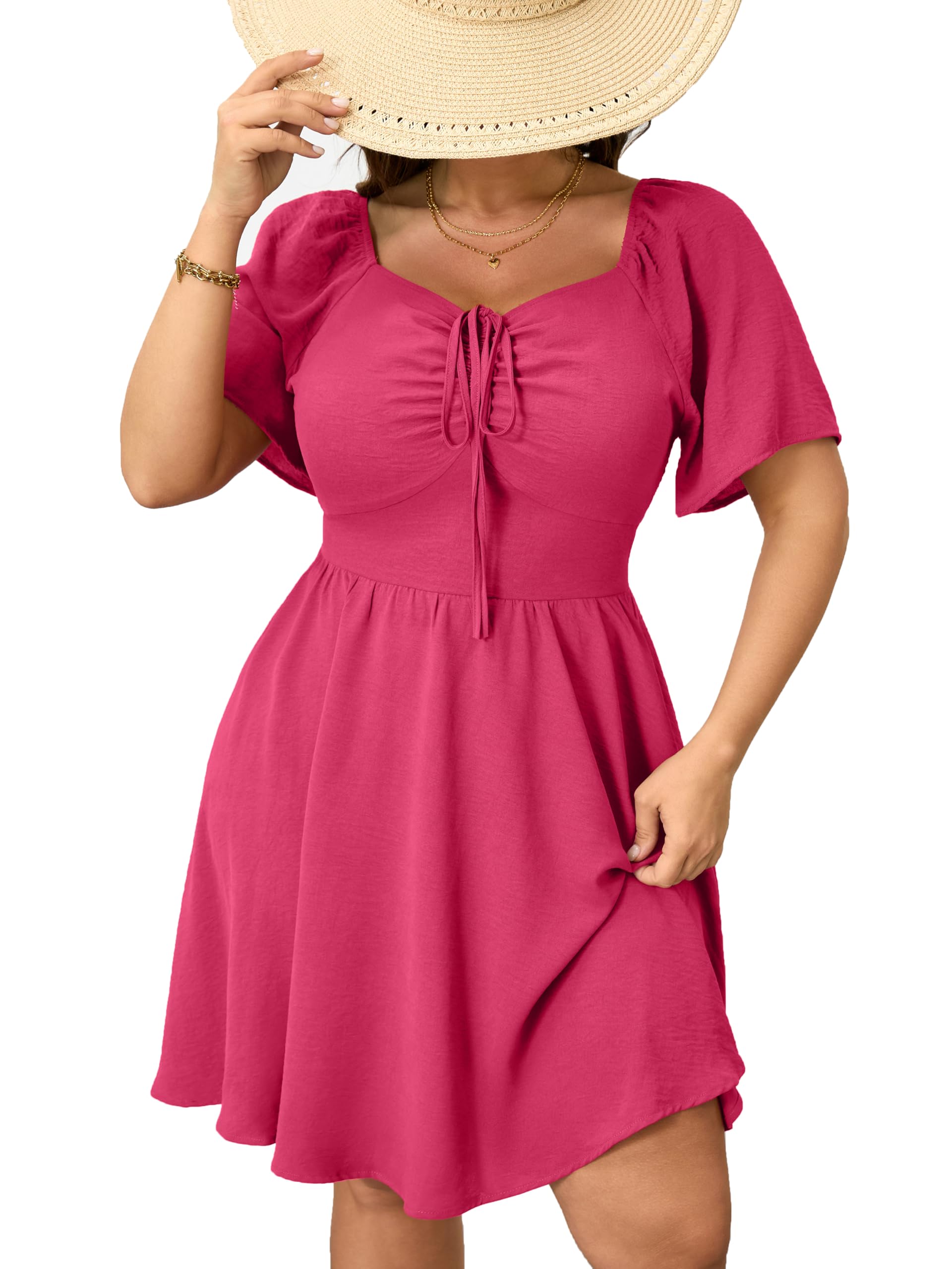 RWJ Women Plus Size Summer Dress Short Sleeve Tie Front Sweetheart Neck Casual Mini Wedding Guest Dresses 2025