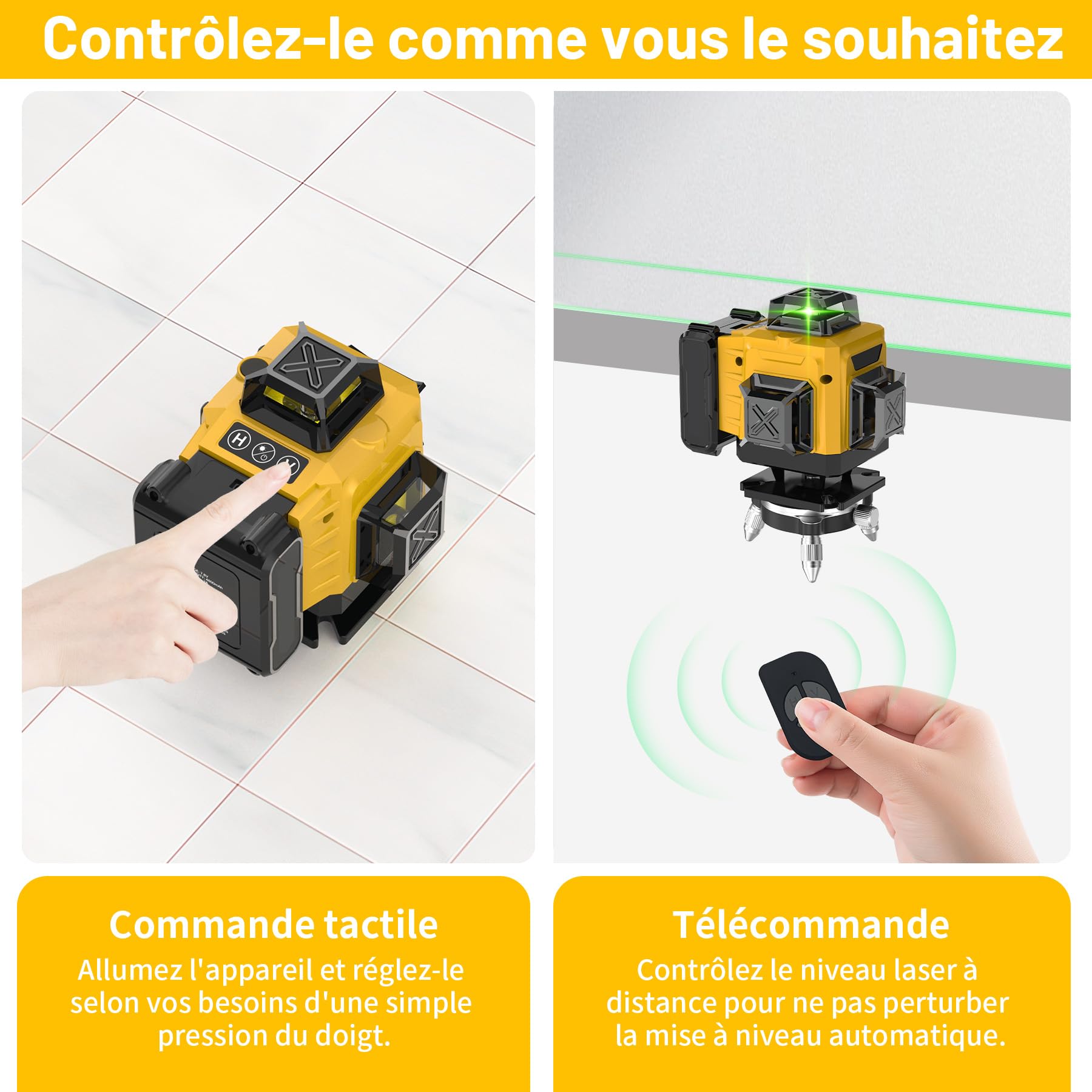 Niveau Laser Chantier Autonivelant 4 x 360°, 4D 16 Lignes Lazer Niveaux avec 4800mAh Batterie, Mode Impulsion ExtéRieur, Télécommande, IP54 Étanche et Anti-Poussière
