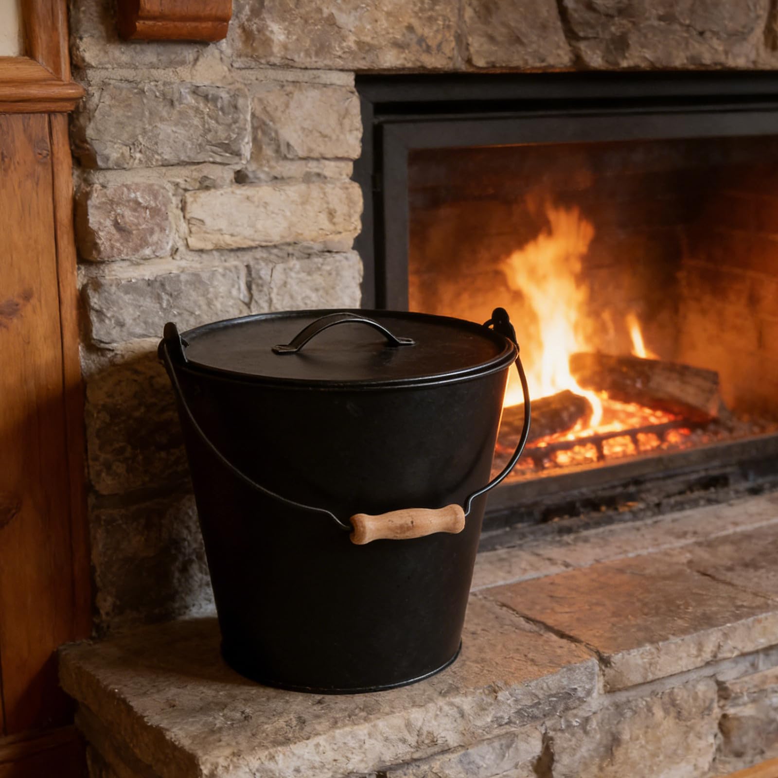 Hemobllo Cubo de Metal Negro para Cenizas con Tapa Segura y Asa de Madera, Adecuado para Estufas de Leña y Quemadores de Interior, para Recolectar Cenizas