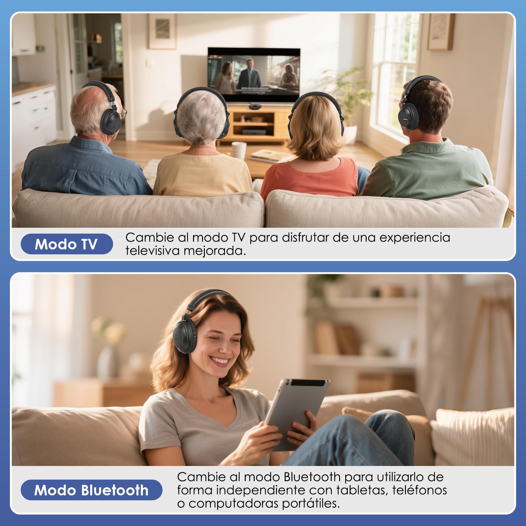 SIMOLIO 747D Auriculares Inalambricos TV con Voz Clara para Diálogos | Auriculares TV Bluetooth para Escuchar Grupo&Fiestas, Discotecas Silenciosas, Iglesias, Sin Retraso, By-pass, Larga Autonomía