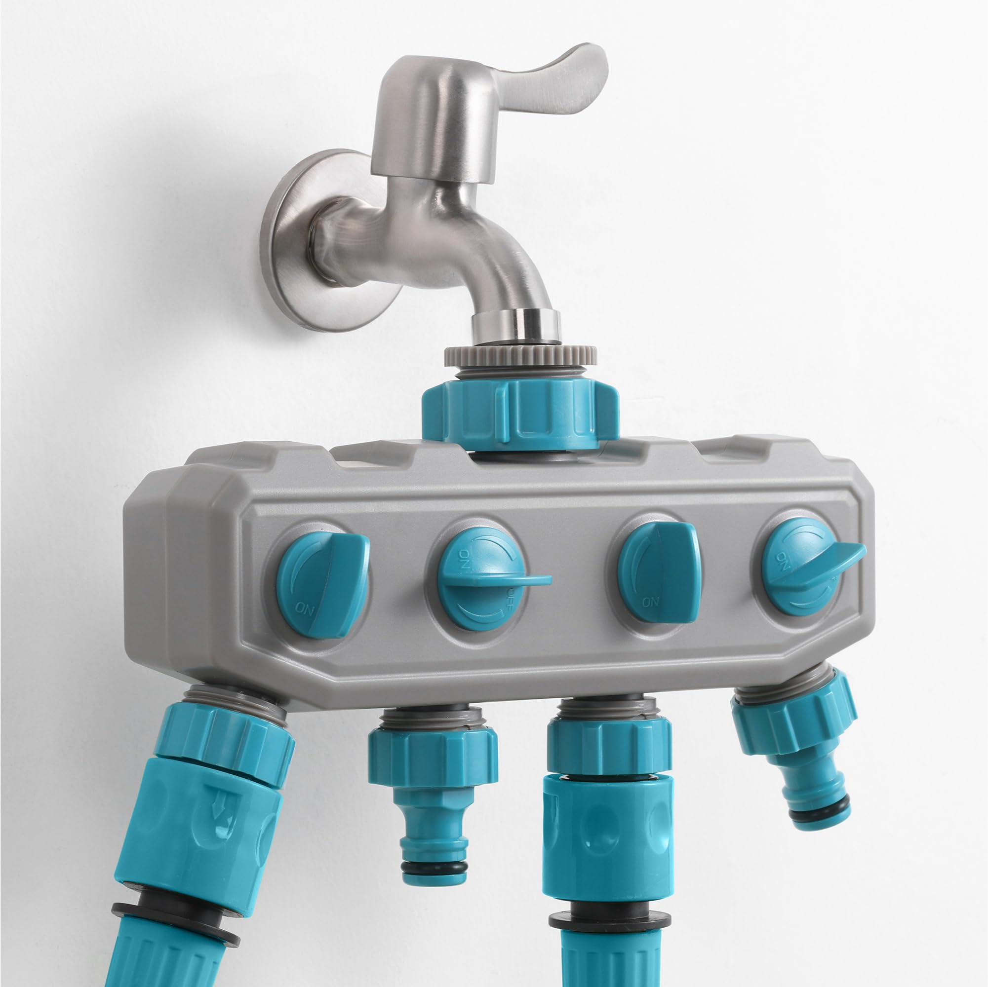 Navaris Wasserverteiler 4fach - Verbindet bis zu 4 Geräte - Individuelle EIN/Aus Schalter - Wasserhahn Verteiler - Wasseranschluss Verteiler - Einfache Installation