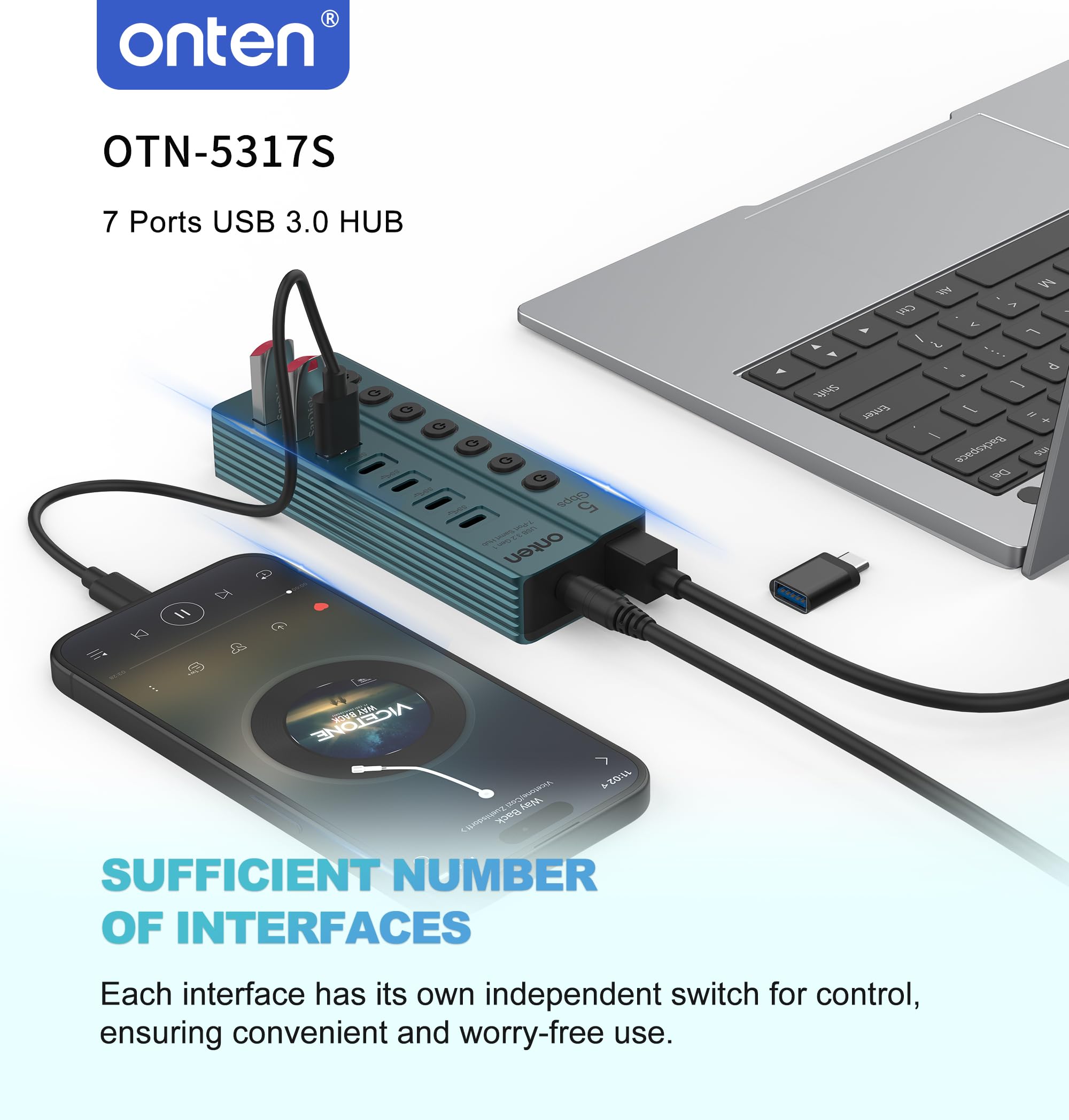 Onten OTN - 5317S Hub USB 3.0 de 7 puertos, transferencia de datos de alta velocidad de 5 Gbps, interruptores independientes, amplia compatibilidad para laptop, tablet, teléfono, consola de juegos