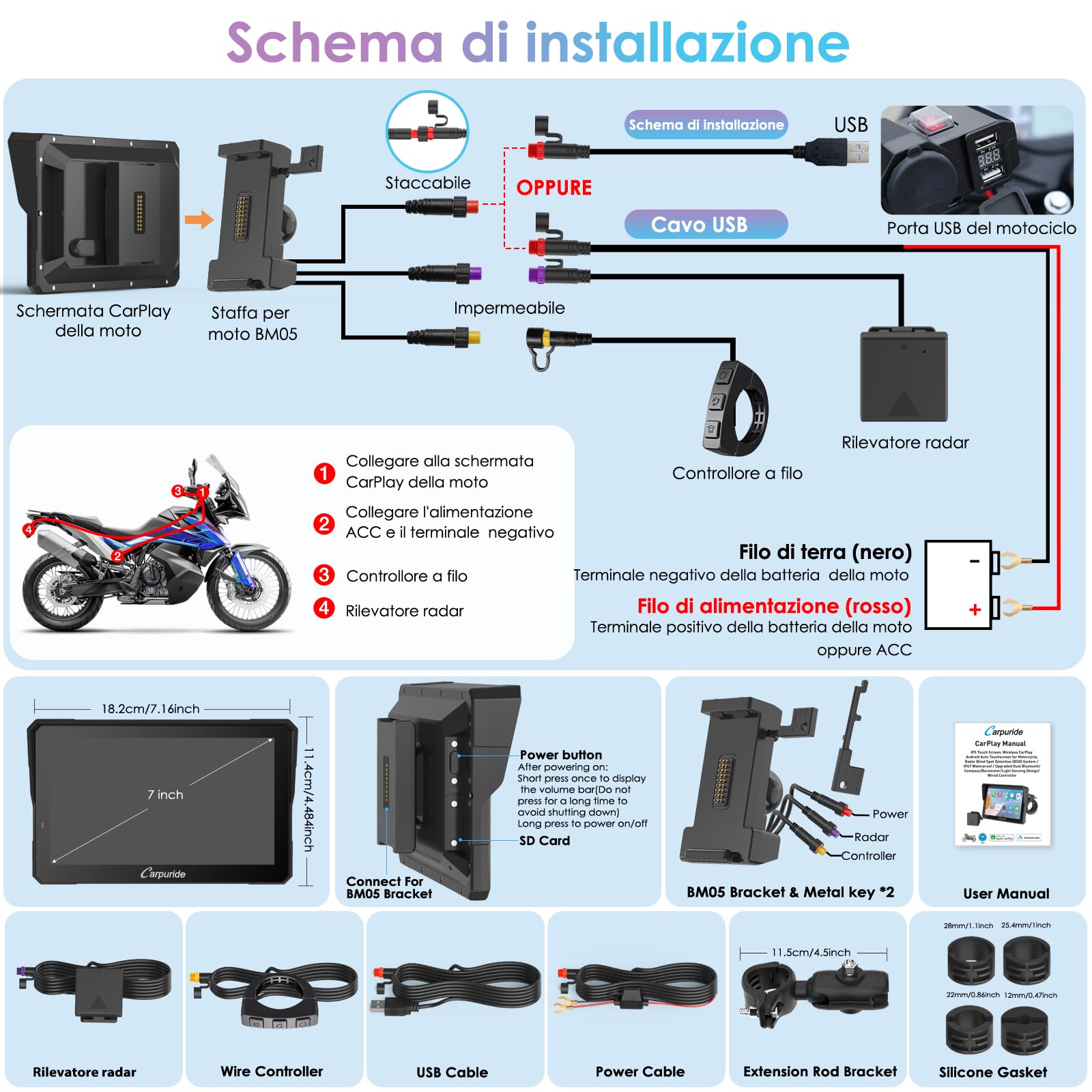 CARPURIDE W702RS Pro Moto Carplay Schermo con Radar BSD e BM05 Mount, Wireless CarPlay & Android Auto, 7 pollici Impermeabile Touchscreen, Funzione Interfono, Dual Bluetooth, Wired Controller, Navi.