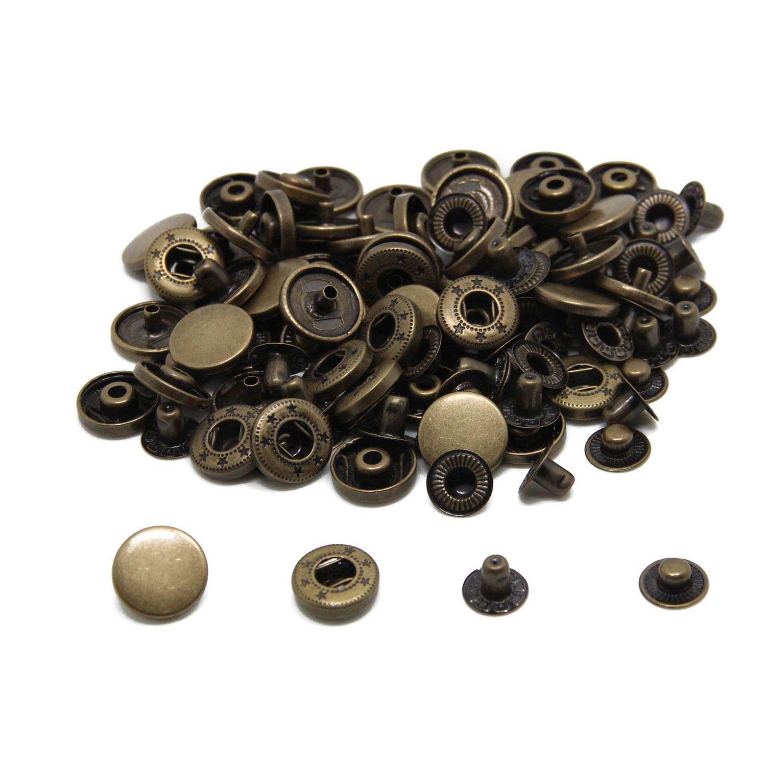 Ruiling 100 Sets 10mm Metal Snap Fasteners Press Stud Rounded Sewing Rivet Buttons Clothing Leather Craft DIY Poppers - Bronze/Antique 2