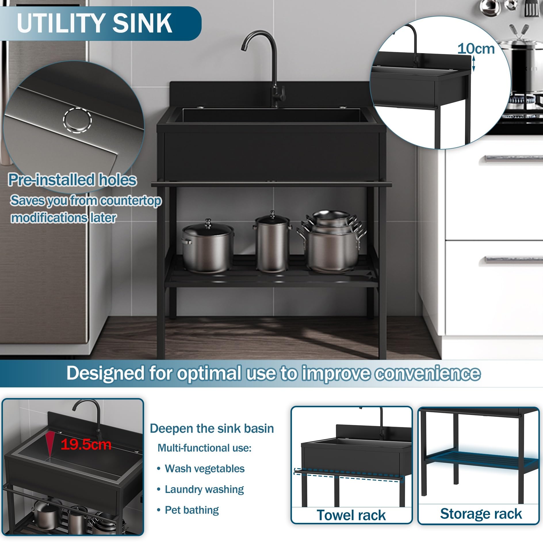 Mueble Fregadero Exterior Jardin,Fregadero de Cocina de Acero Inoxidable,Fregaderos Camping Portátil 1 Seno con Filtro de Drenaje,Lavadero pila Exterior,para Restaurante Comercial Bar Garaje(66x51x94c