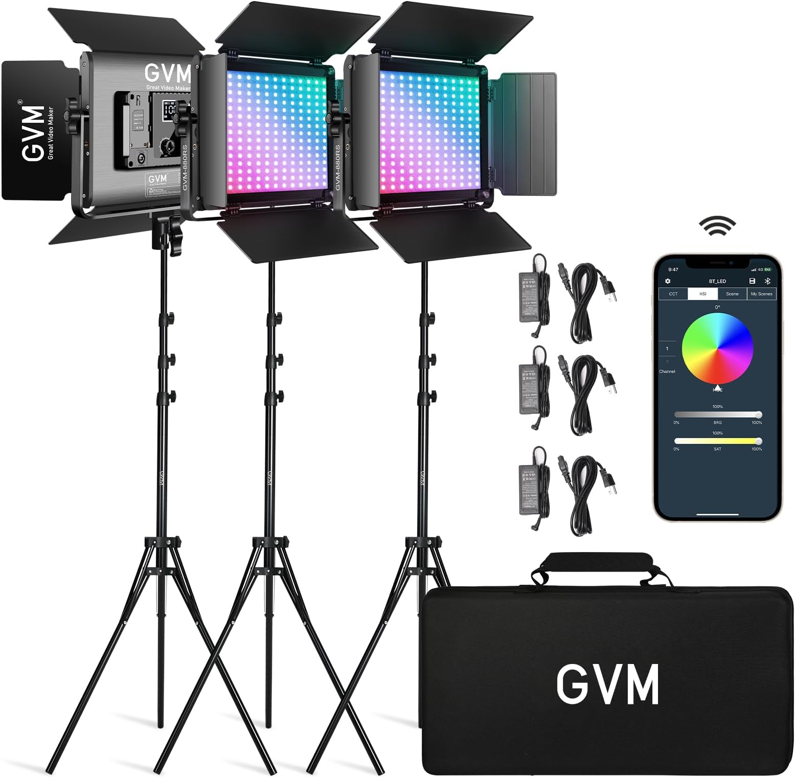 - GVM RGB LED Video Light with Bluetooth Control, 880RS 60W Photography Lighting kit Dimmable LED Panel with LCD Screen, 3 Packs Studio Light for YouTube, Streaming, Gaming, 8 Applicable Scenes, CRI97
